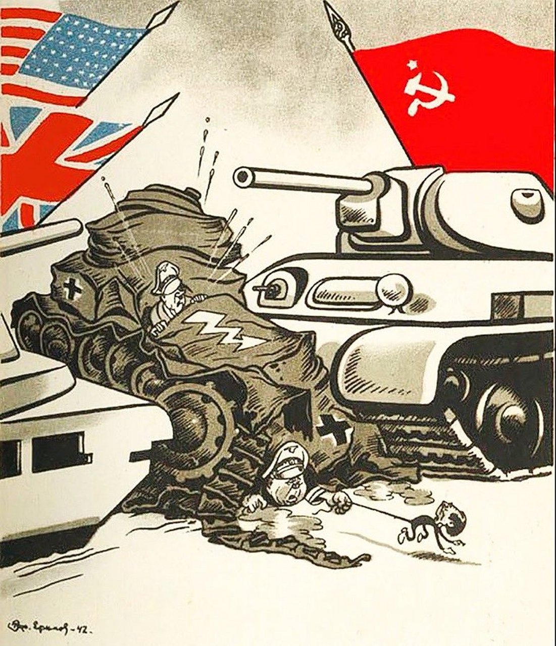第二次世界大战(1942 年)的苏联海报,描绘了苏联,英国和美国坦克碾压