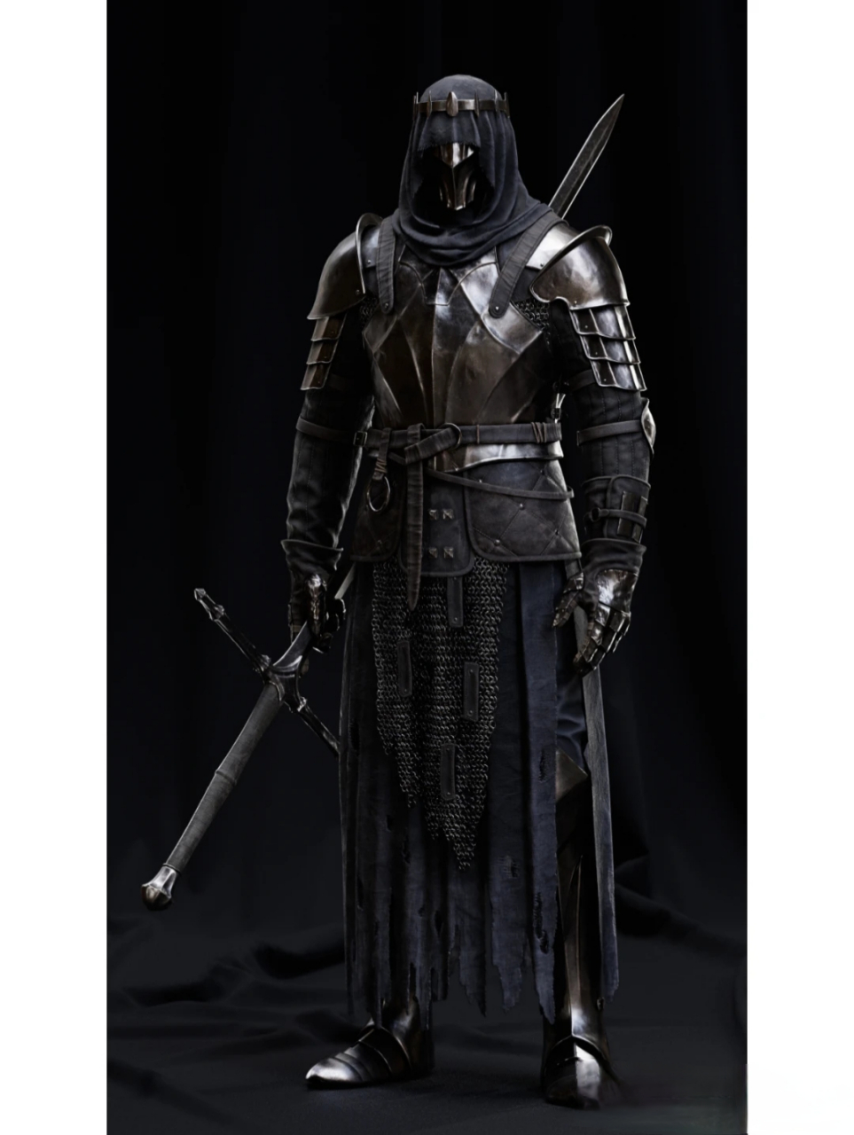 夜色之中,一位身着黑色铠甲的战士静静地站立.