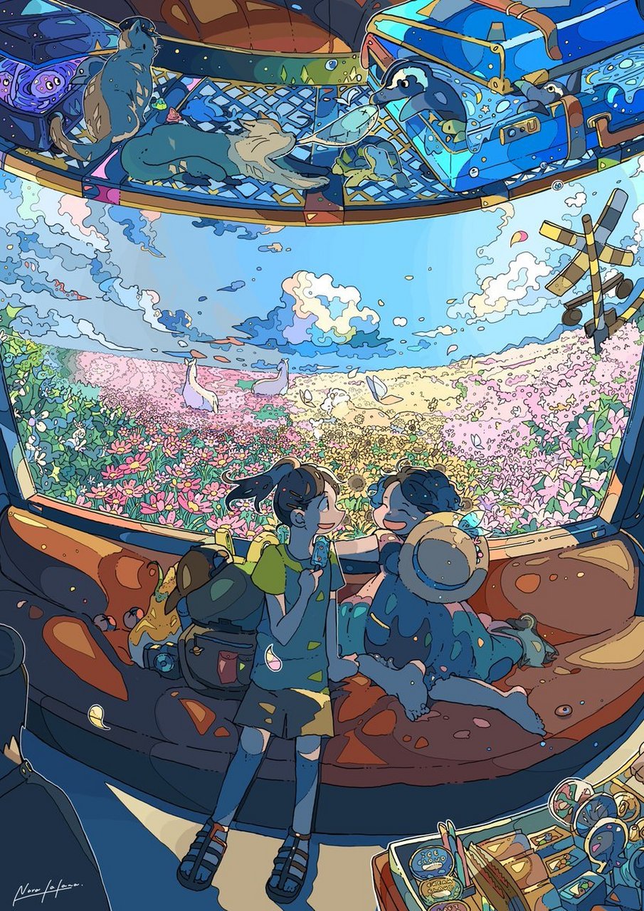 插画师nara_lalana的一组沁人心脾的蓝色世界绘画,构图很有冲击力超