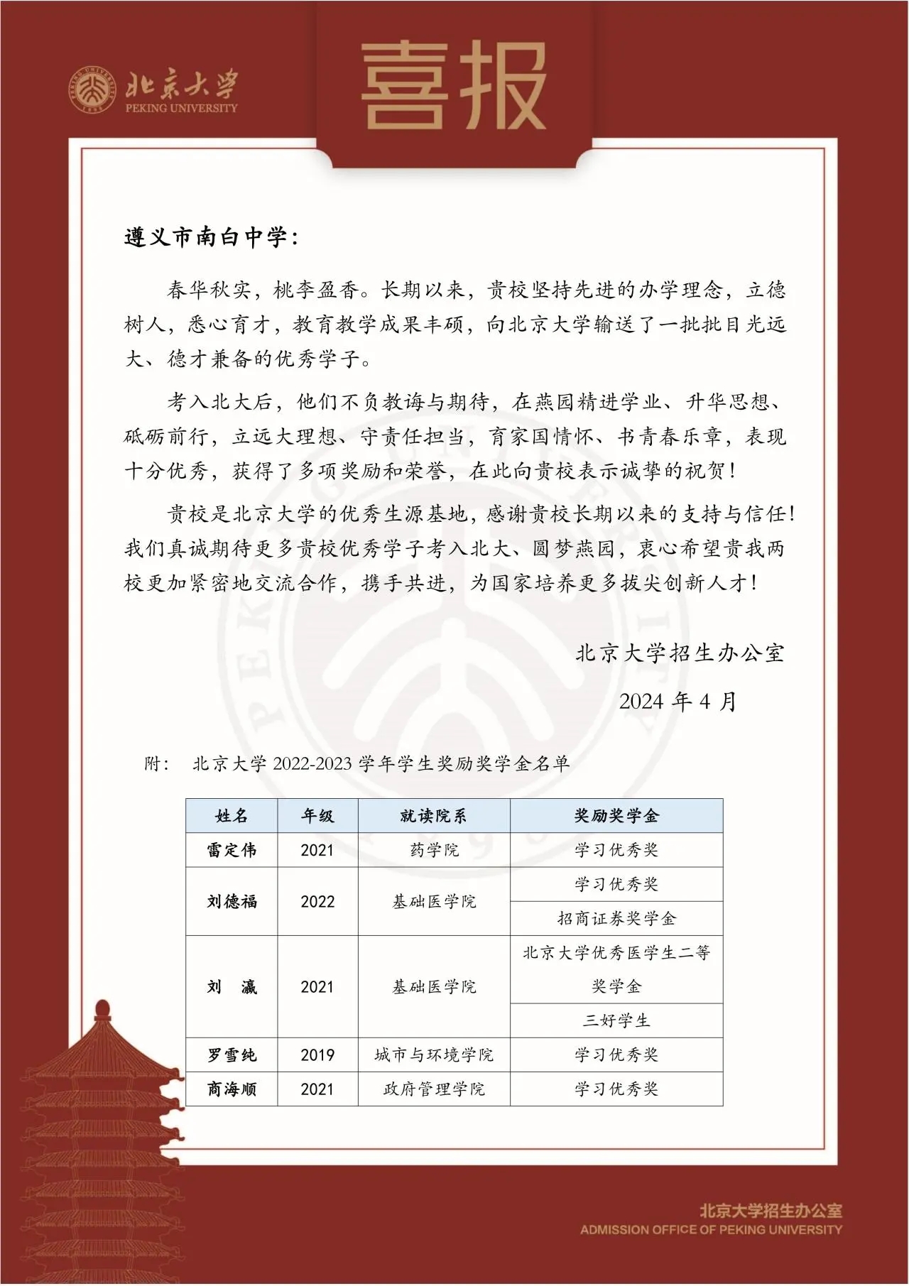 北京大学向遵义南白中学发来喜报