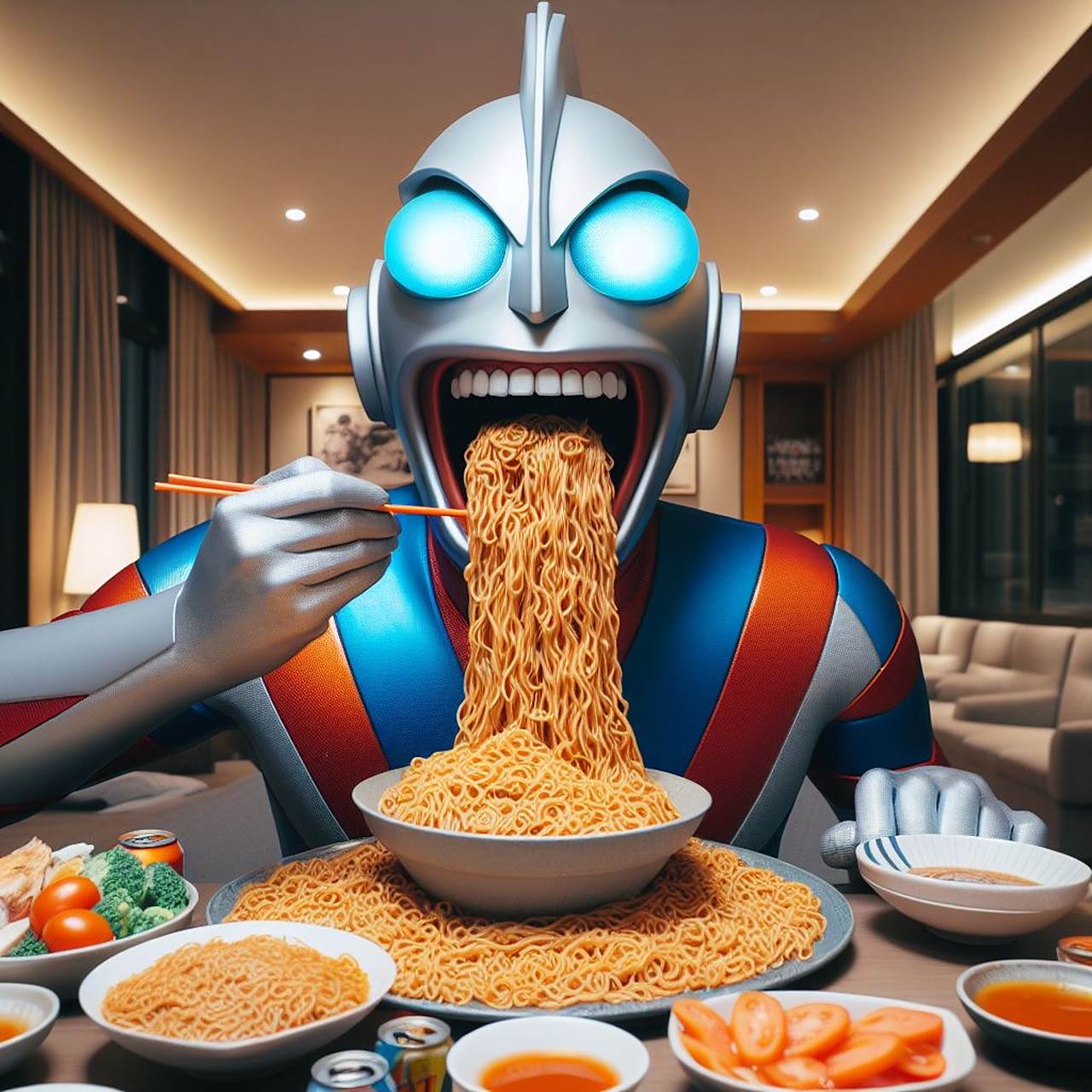 奥特曼吃面条关键词分享| 奥特曼吃很多面条,夸张的大嘴,10000面条