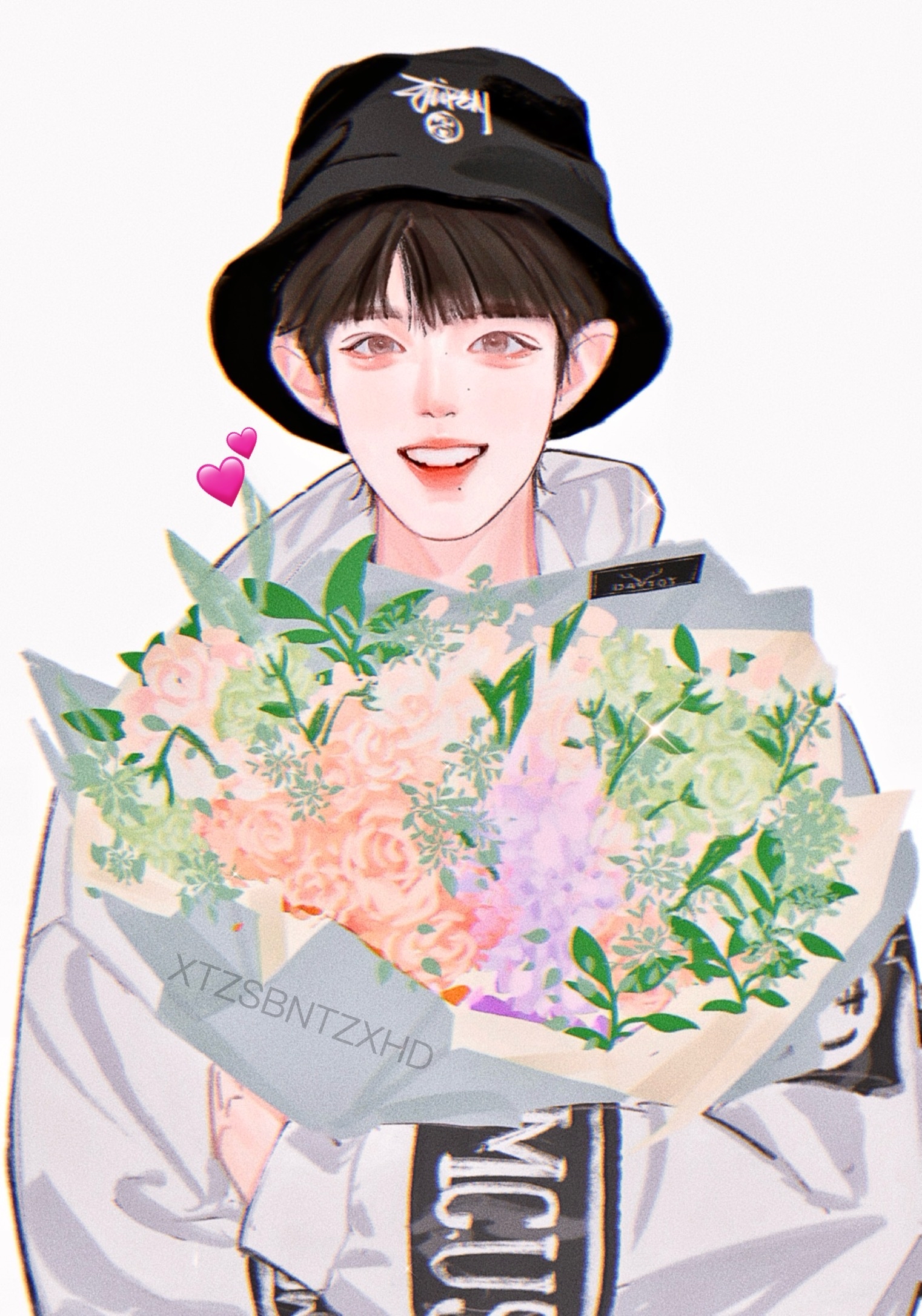 帅气的捧花少年,和小爪爪被勾住的漂亮小猫咪