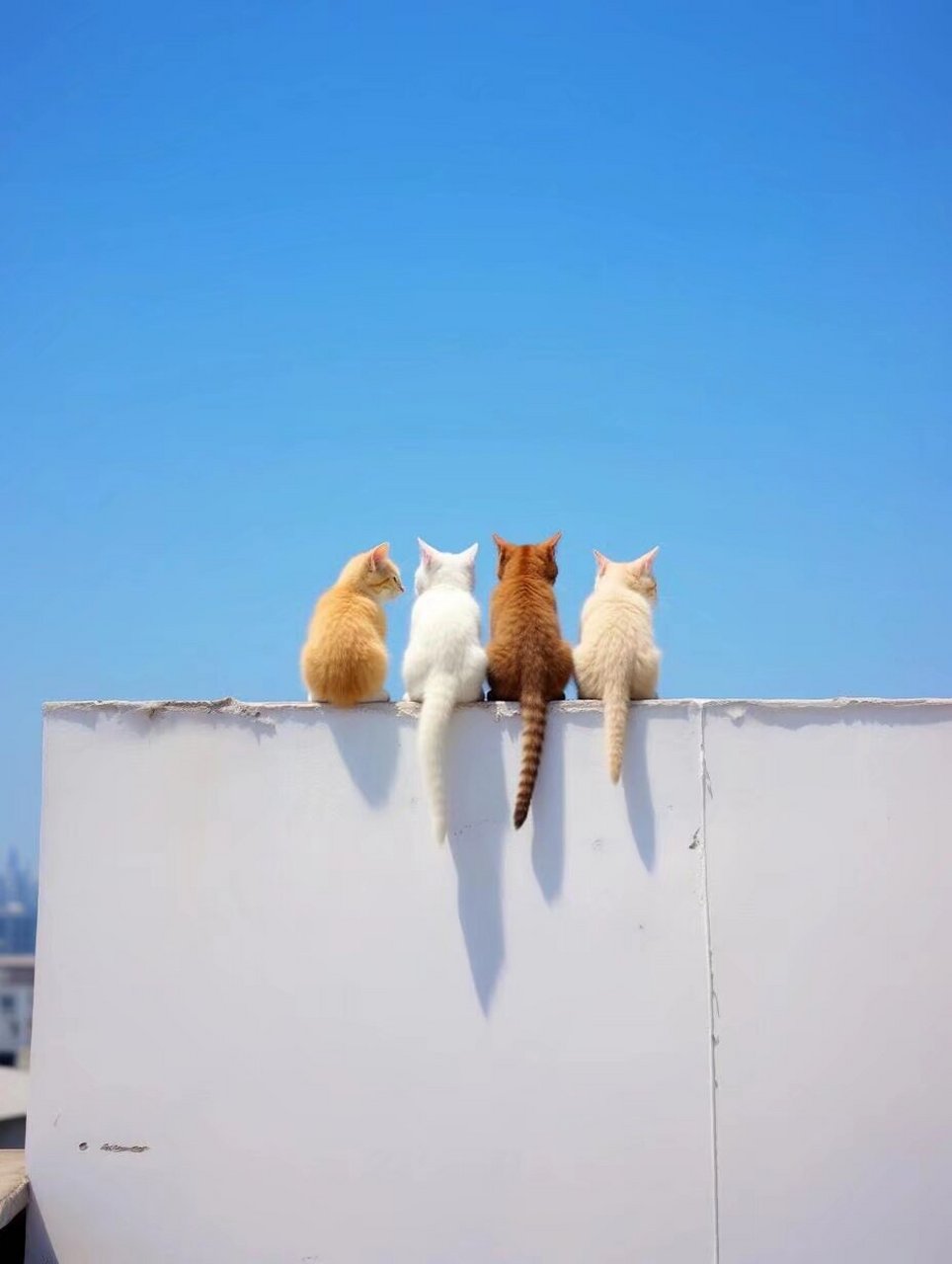 四只好可爱的猫咪排排坐吃果果呀,而且还是不同颜色的,长得真的好乖啊