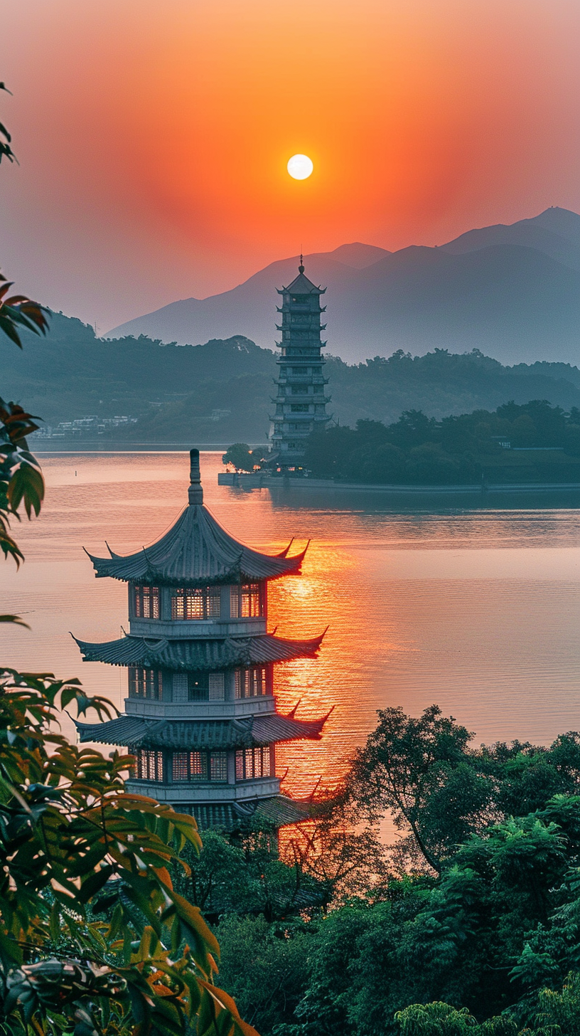 夕阳西下的杭州雷峰塔#西湖十大美景之一