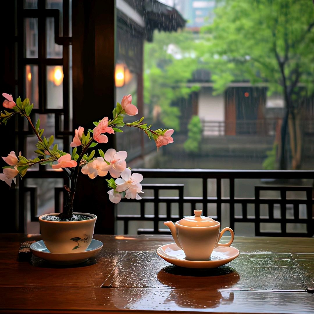 春天:春雨菲菲,赏花于案,喝茶在香