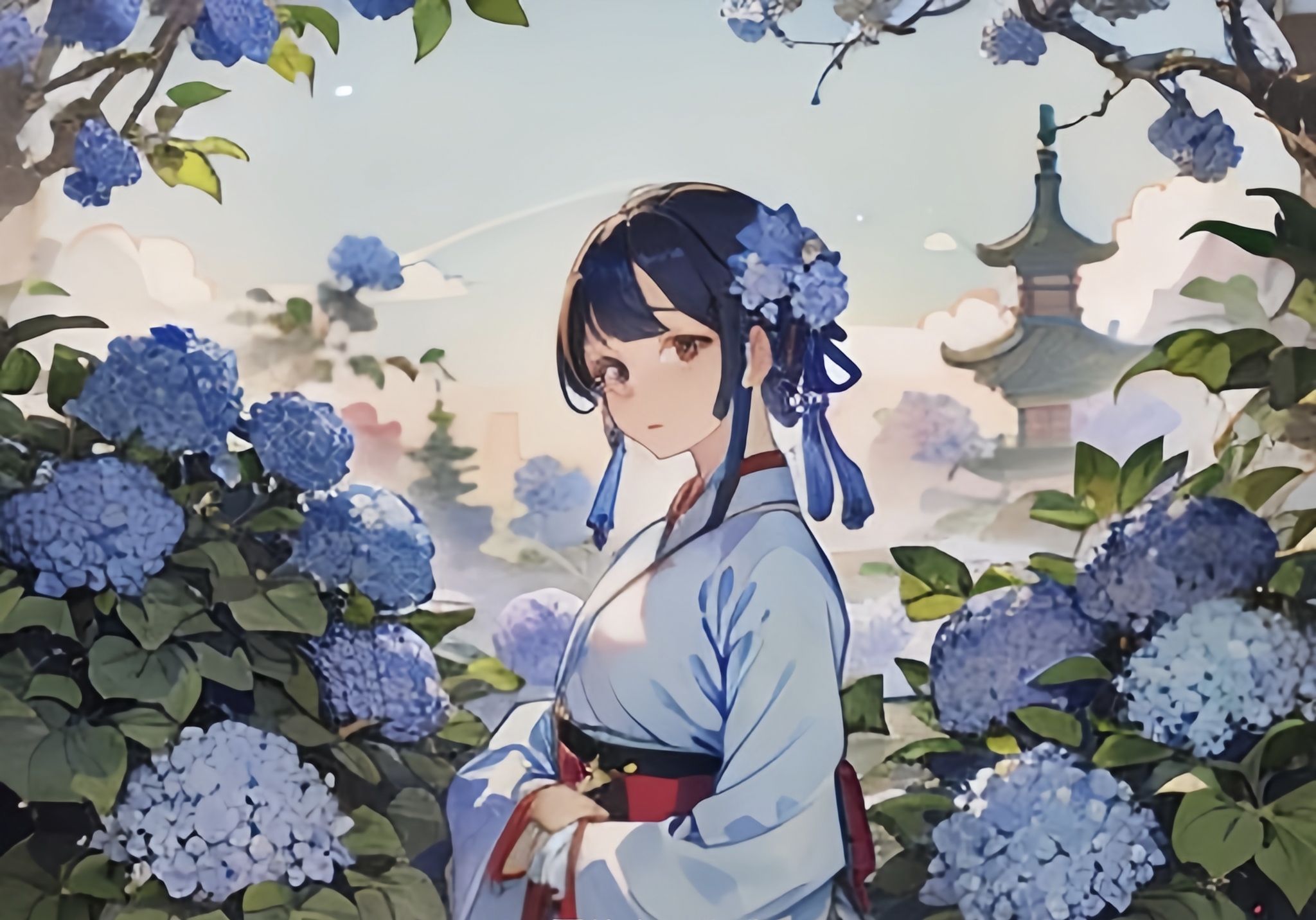 古风绣球少女:一步一阁,繁花相伴