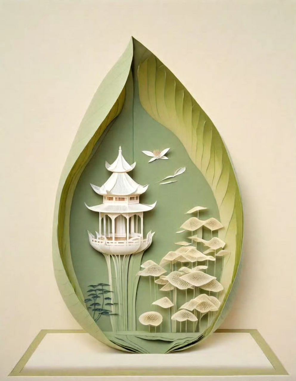 ai生成的一组衍纸风格的风景作品,用剪纸的风格立体再现了山川河流的