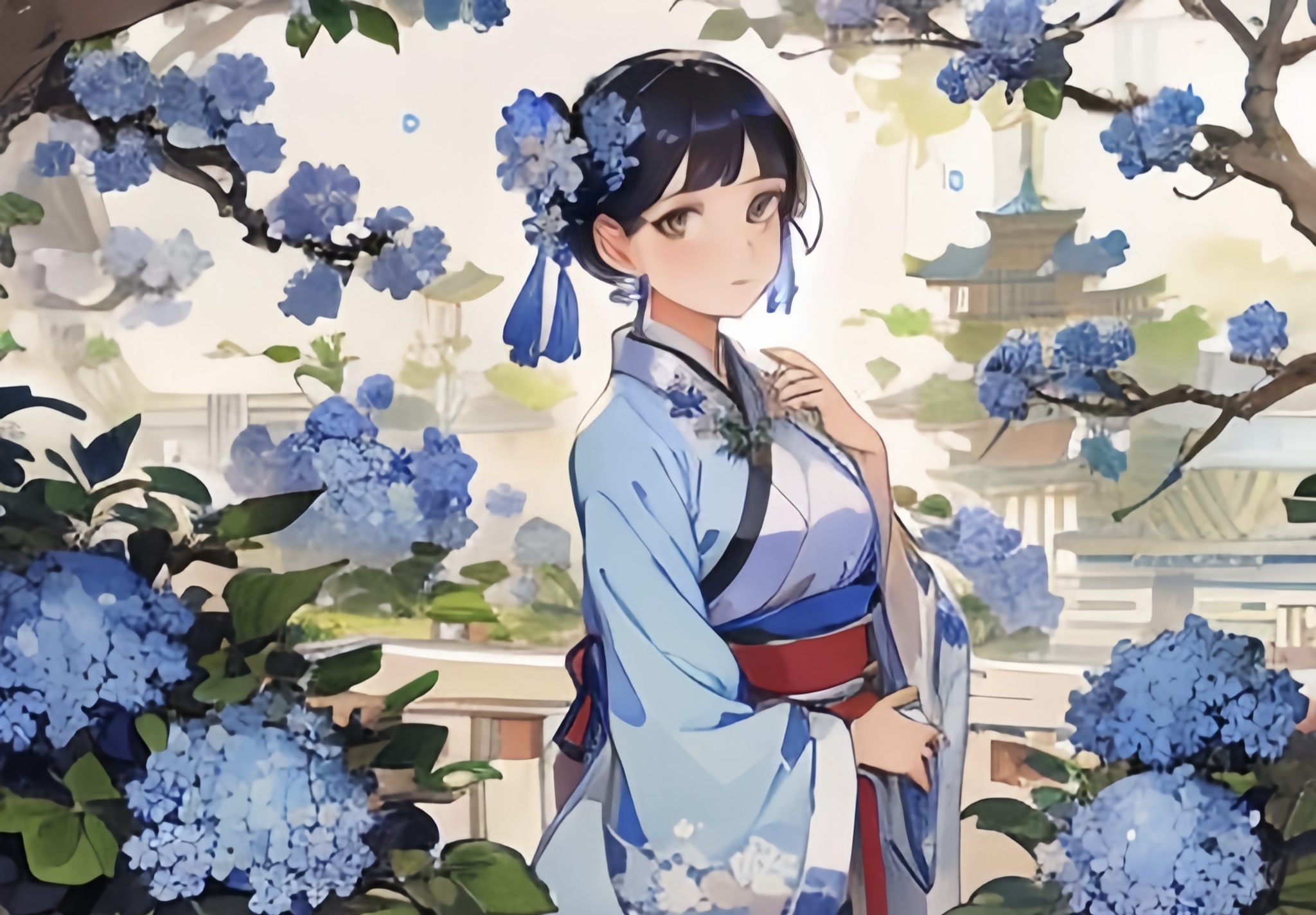 古风绣球少女:一步一阁,繁花相伴