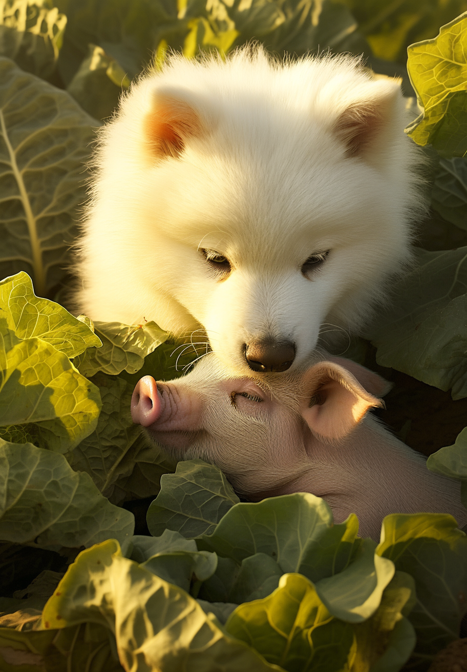 一只狗仔和一只猪仔在菜园玩耍呢!