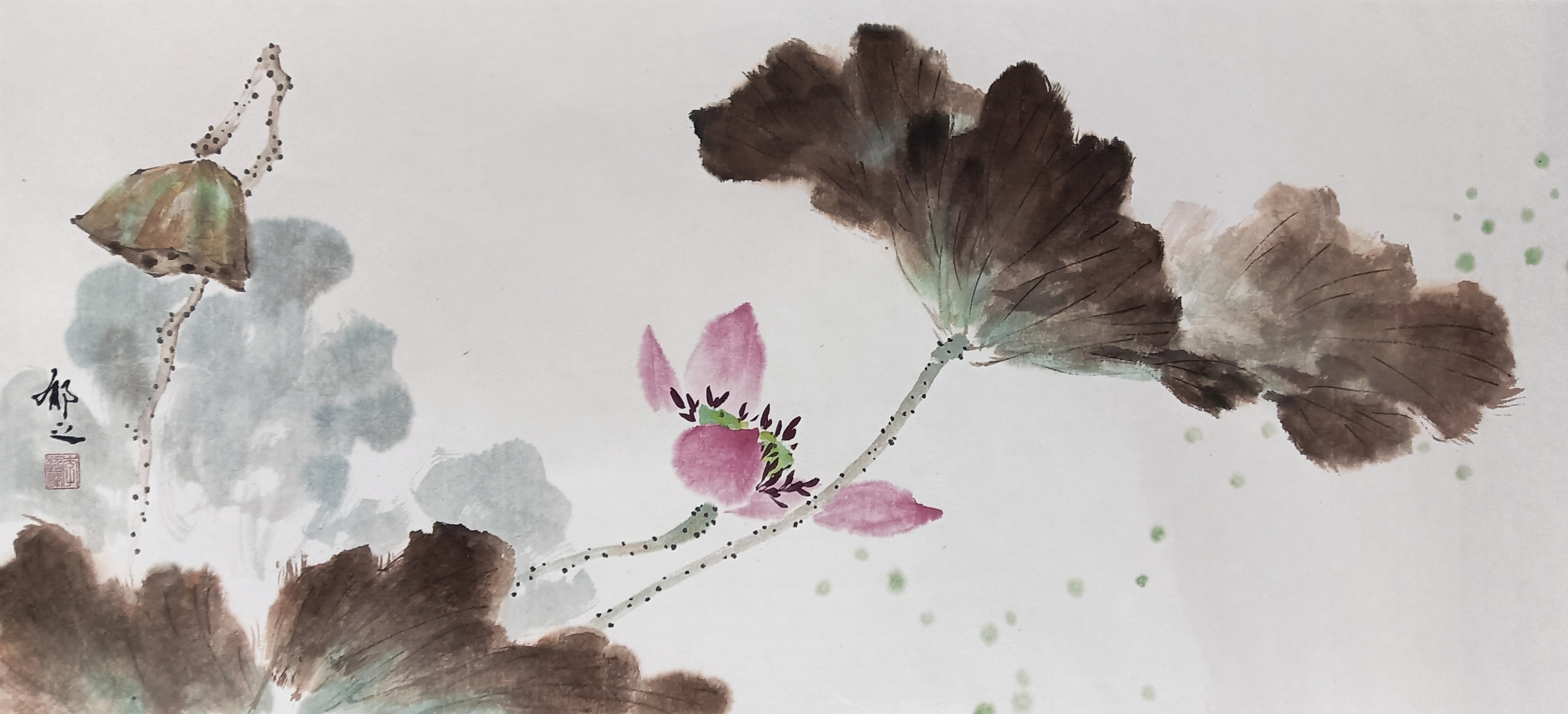 河北李女士惠存 国画,写意荷花 横幅