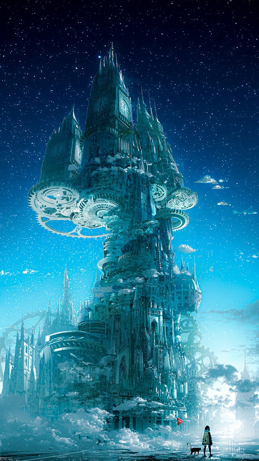 的一组唯美蓝色场景插画,喜欢描绘巨大物体的他,将科技与幻想元素交织