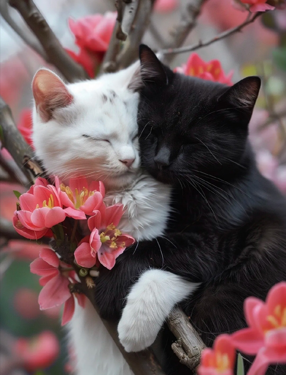 鲜花中的一对小情侣,黑白配.