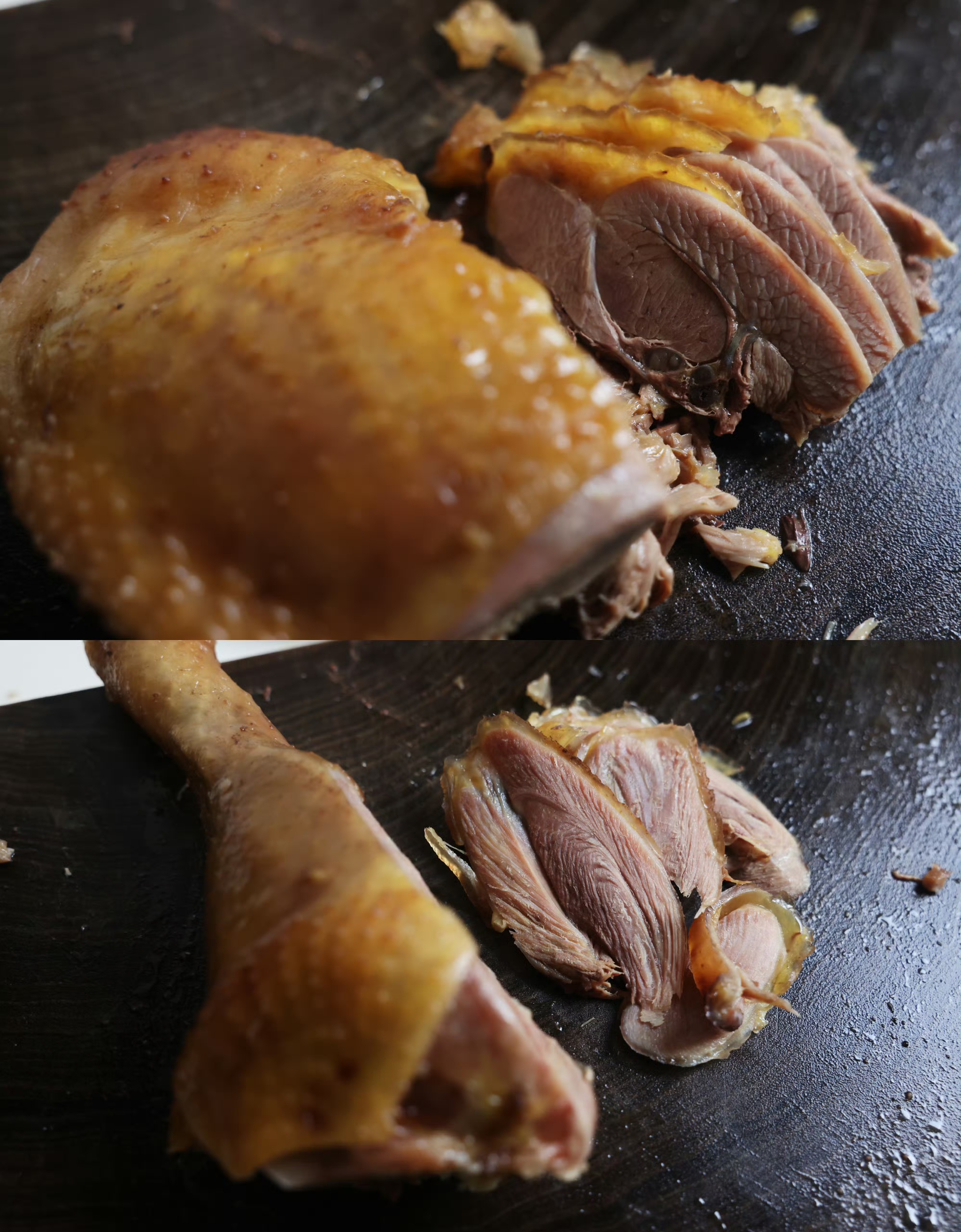 我用的土公鸡,白水加姜,盐煮熟(不能煮太烂),捞出来彻底放凉切片