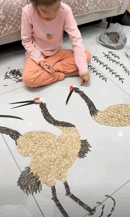 小杨的想象力有多广阔,瓜子拼出的画面就有多么精彩,大过年的,家里磕