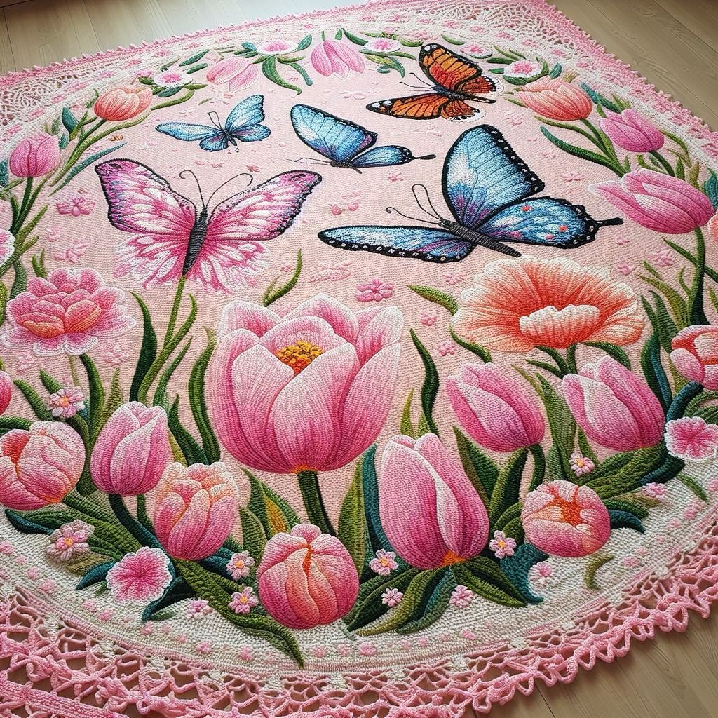 钩针编织花朵蝴蝶地毯