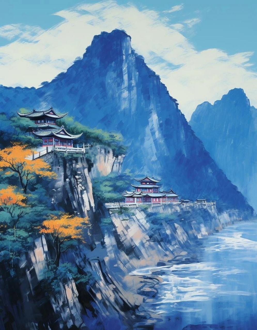 ai生成的一组风景绘画作品,以蓝色为主色调描绘了山水与亭台楼阁相应