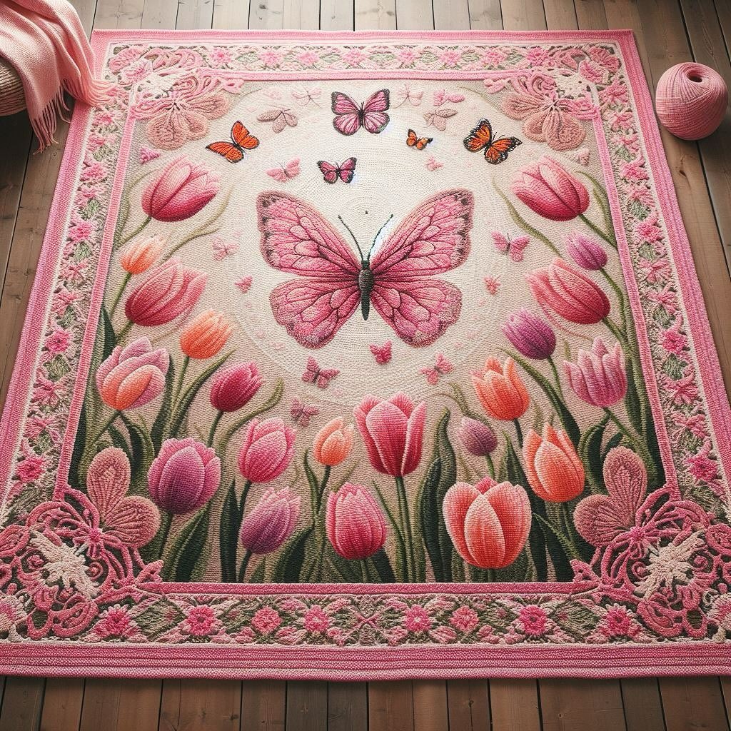 钩针编织花朵蝴蝶地毯