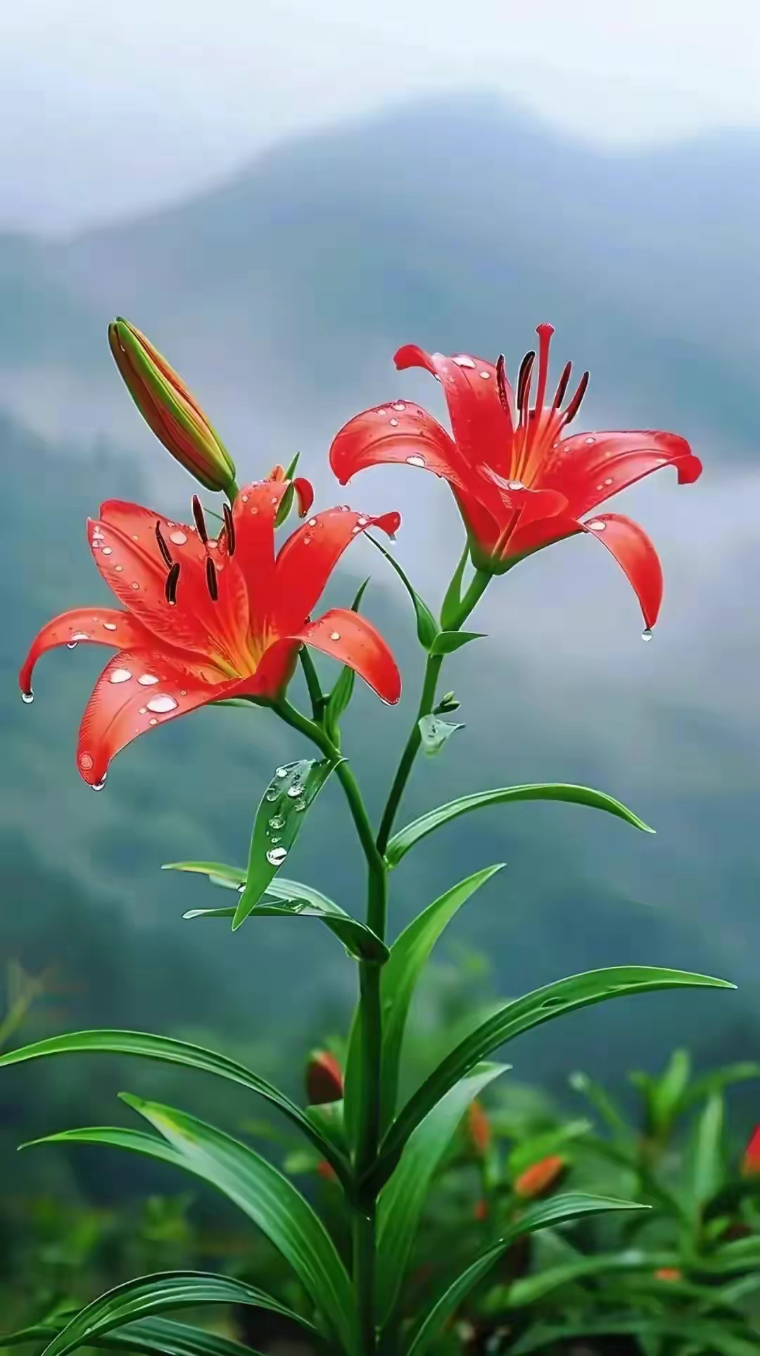 雨后,红色百合花宛如亭亭玉立的少女,娇艳欲滴