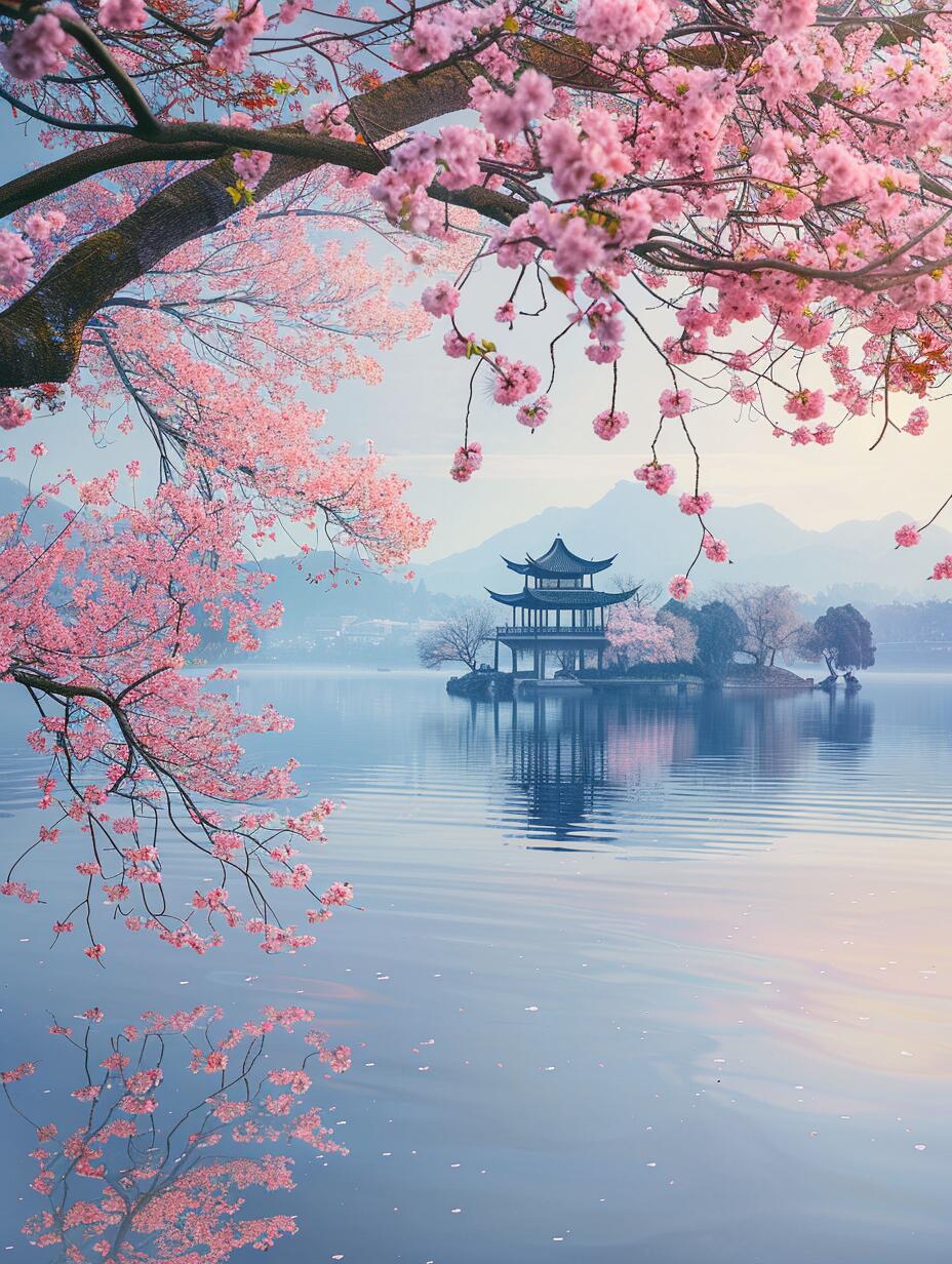 好一幅西湖桃花开