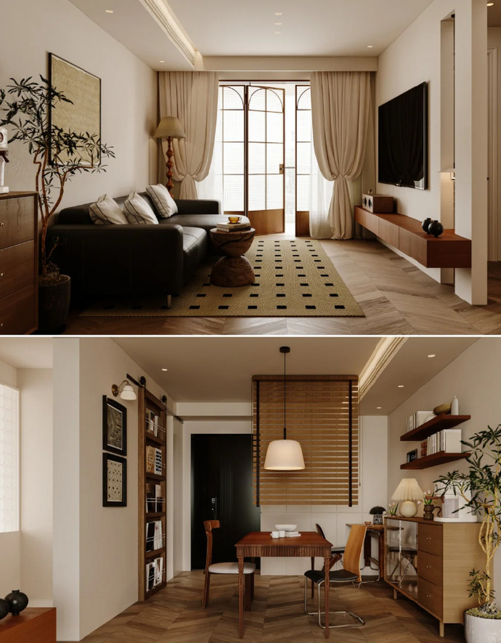 普通人也可以拥有中古风的家 客餐厅空间通铺鱼骨拼木地板,通透又显大