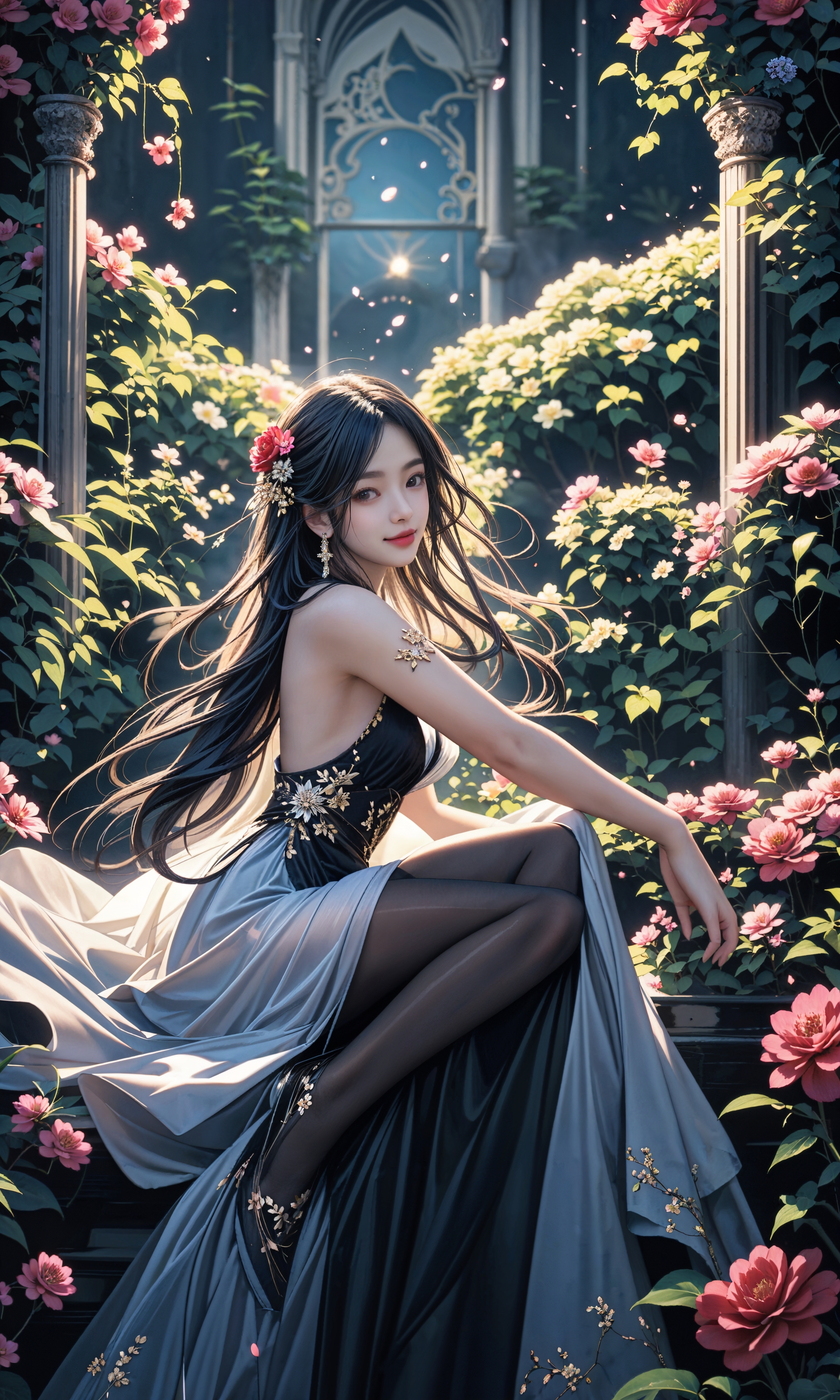 ai美女壁纸# 	在春日绽放的花园中,一位美女身着一袭长及脚踝的蕾靠