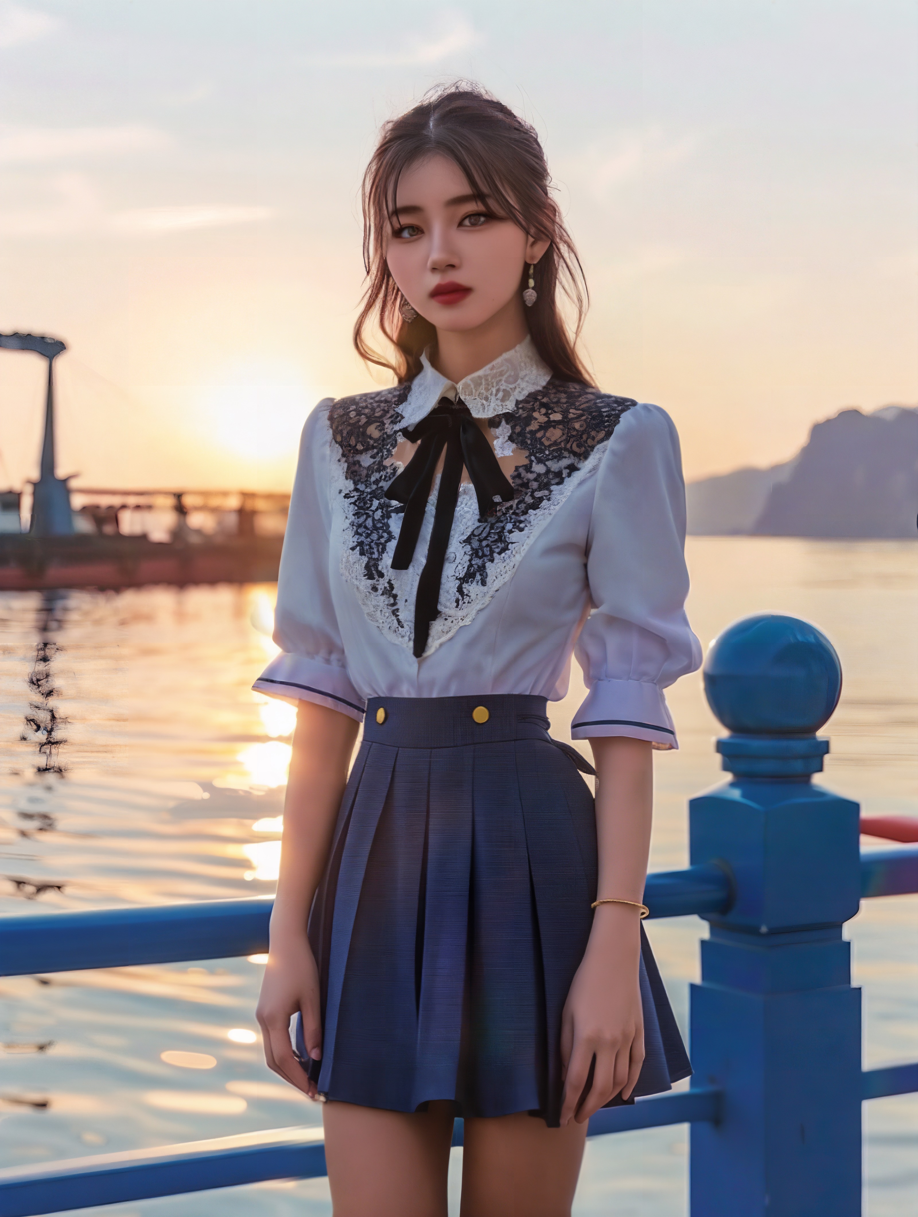 她穿着一件经典的jk服,给人一种青春活力的感觉.