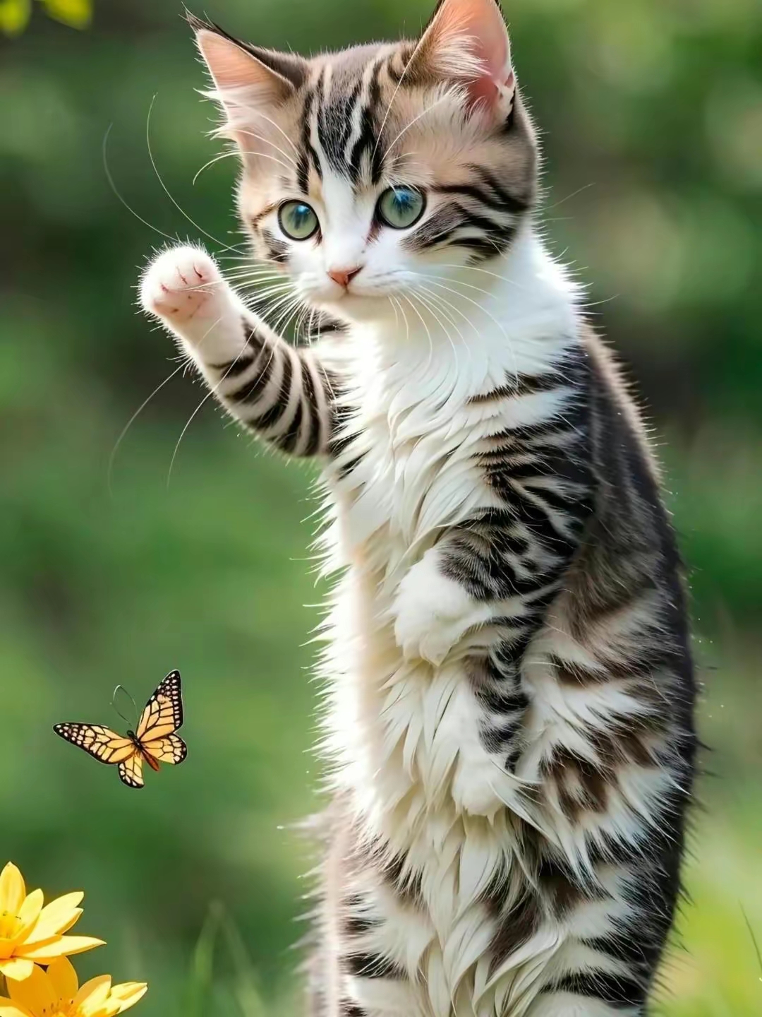 小猫遇上蝴蝶 萌萌的乐在其中 早安