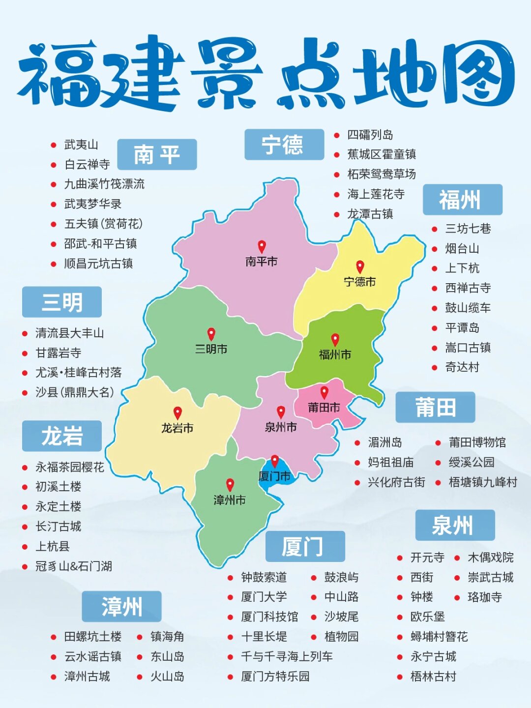 福建景点地图  五一长假马上就要来啦  大家准备好去哪里玩了吗?