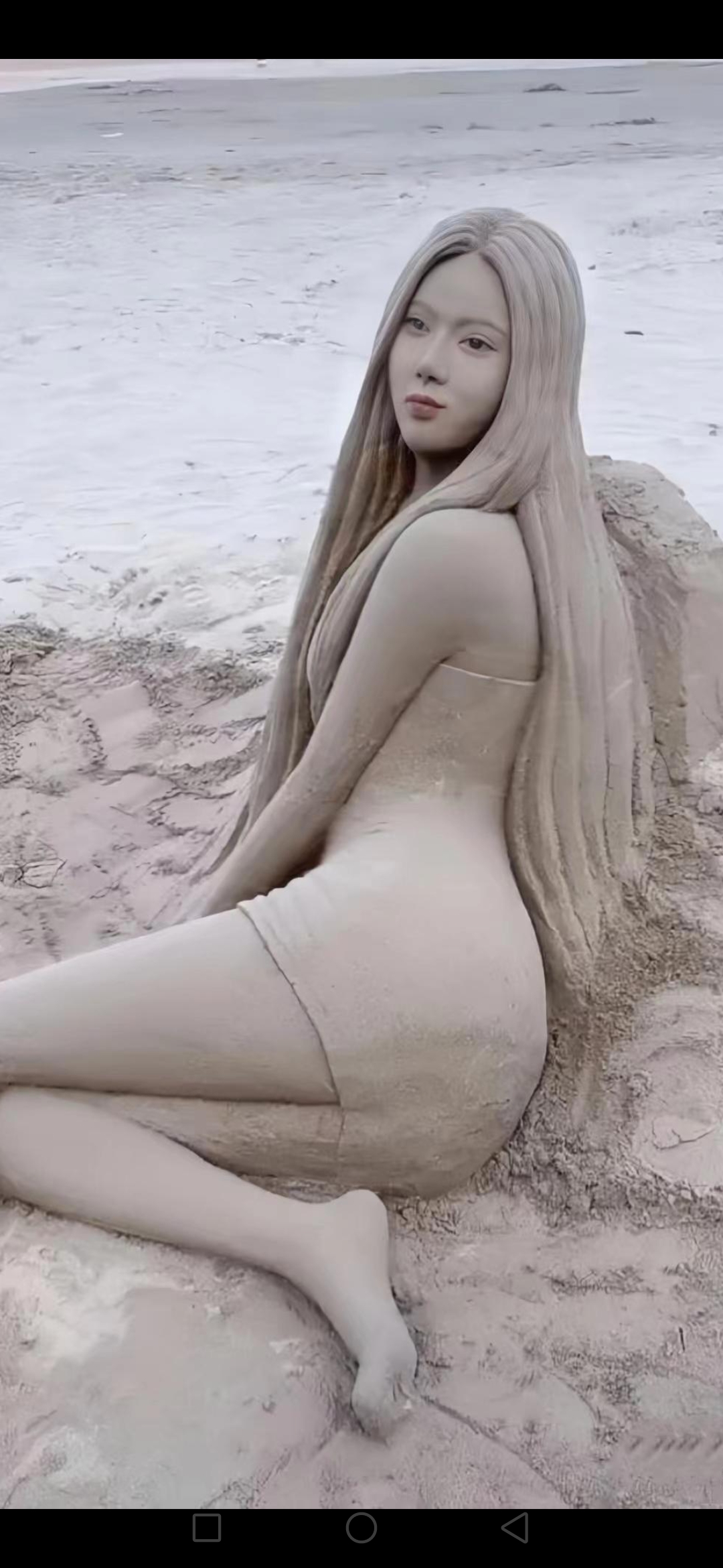 在海边,看见这用沙子做成的现代少女雕像够逼真的,神态,眼神,发丝等等