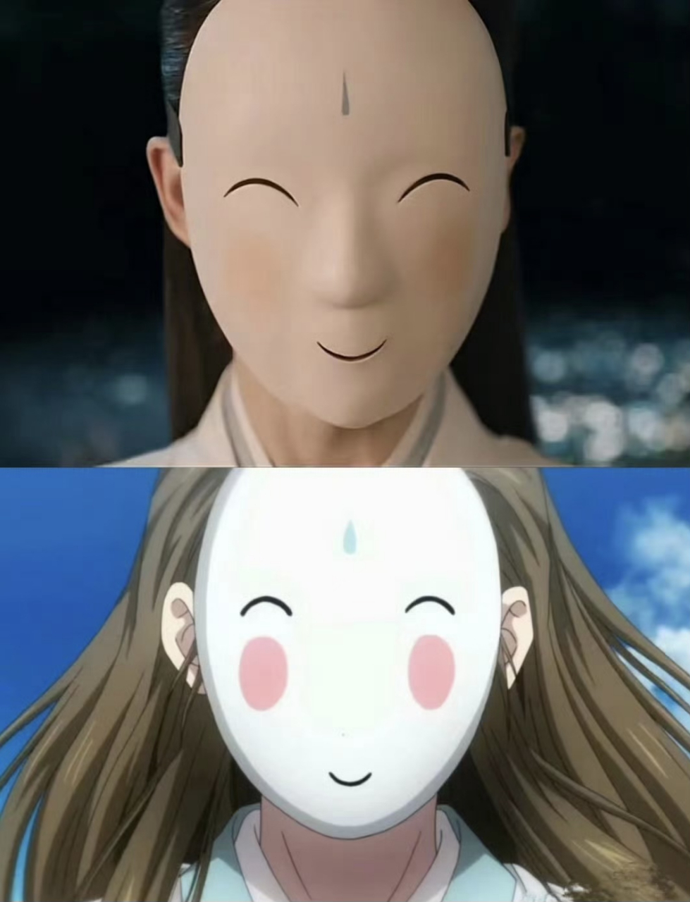 我并没有看出来,动漫版的面具很呆萌可爱,剧版的面具看着有点吓人