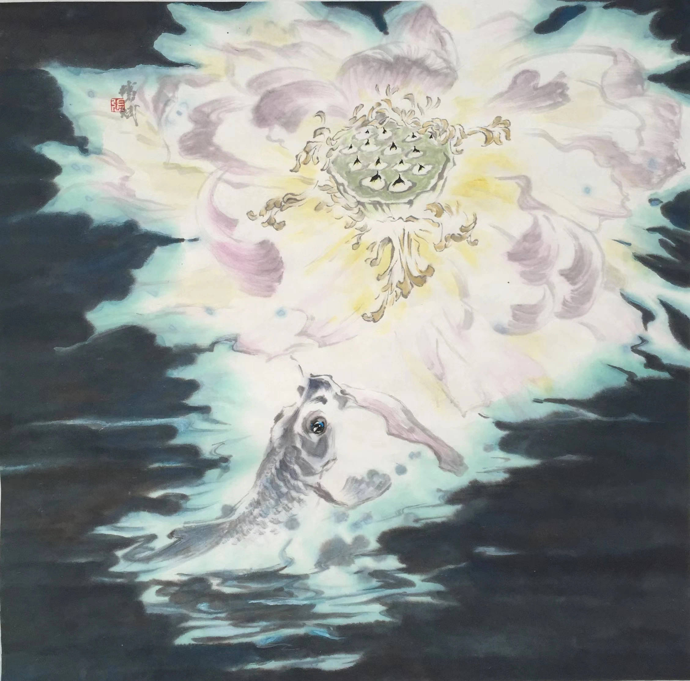 "东海渔翁"张传斌教授《鱼戏莲叶间》国画作品