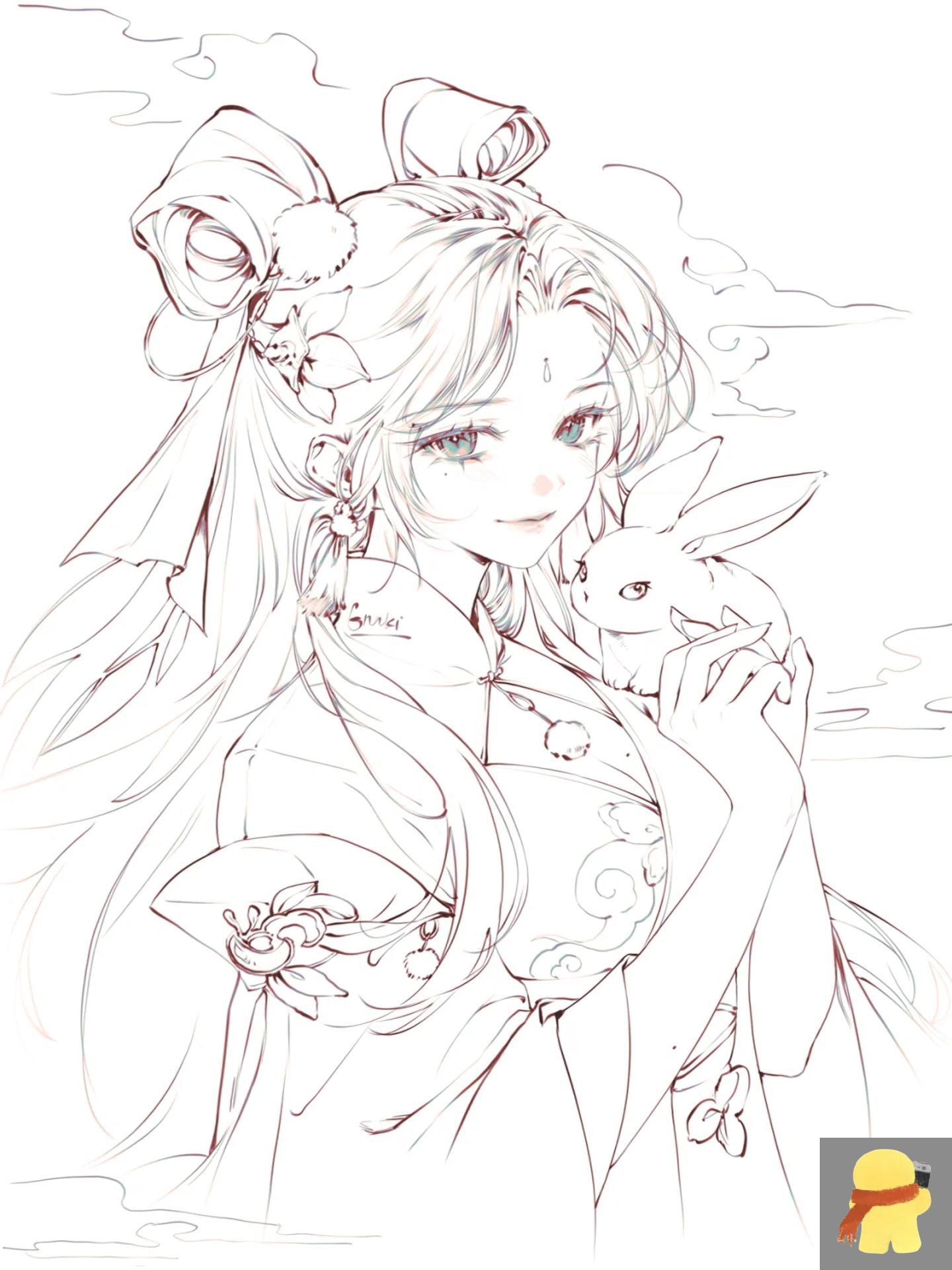 因已织女怎么画古风仙气飘飘中秋节绘画线稿和重阳节有关的二次元