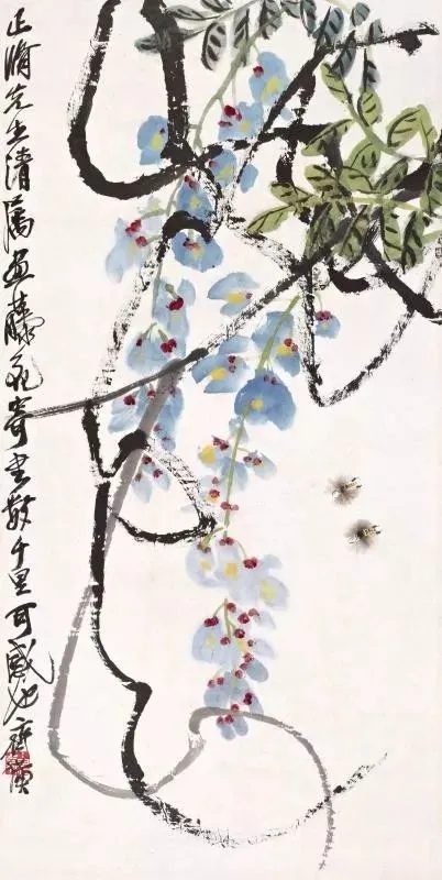 齐白石写意紫藤  齐白石对紫藤情有独钟,他画藤如蛇,几串紫藤开得姹紫