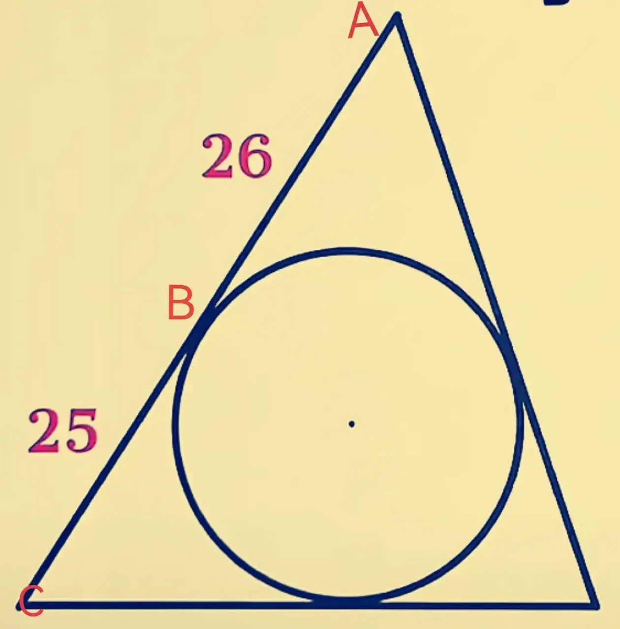 如图所示,在三角形内有一个内切圆,b为切点,已知ab=26,bc=25,内切圆