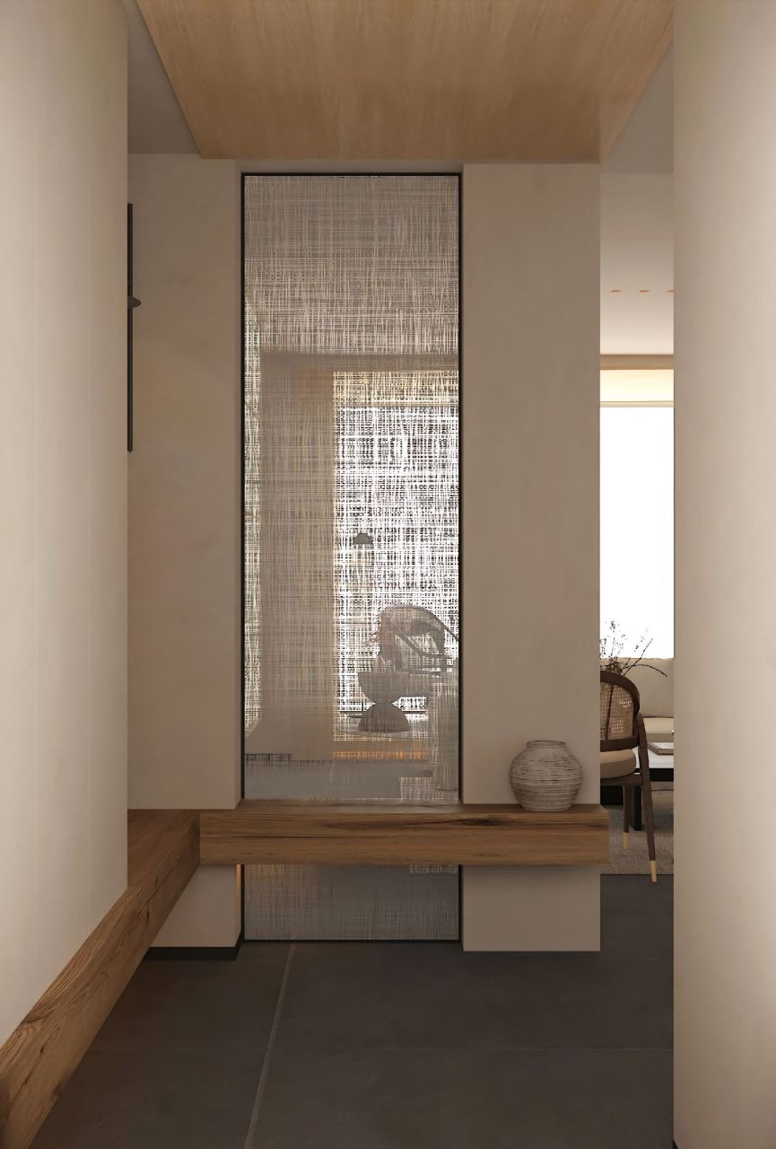禅意新中式 入户玄关的夹丝玻璃,玻璃后的空间若隐若现,给人一种想看