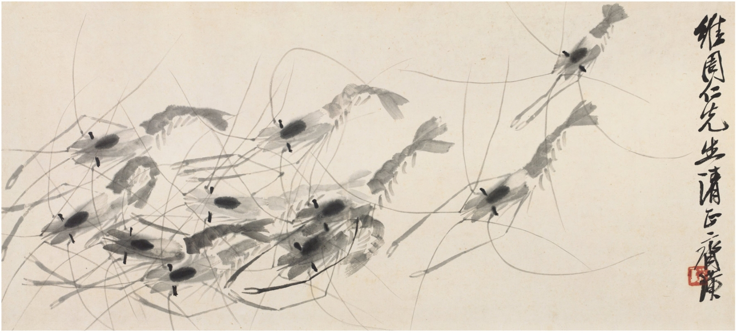 这幅齐白石绘画的"群虾图",尺寸为 27*60cm,横幅形制,极为罕见.