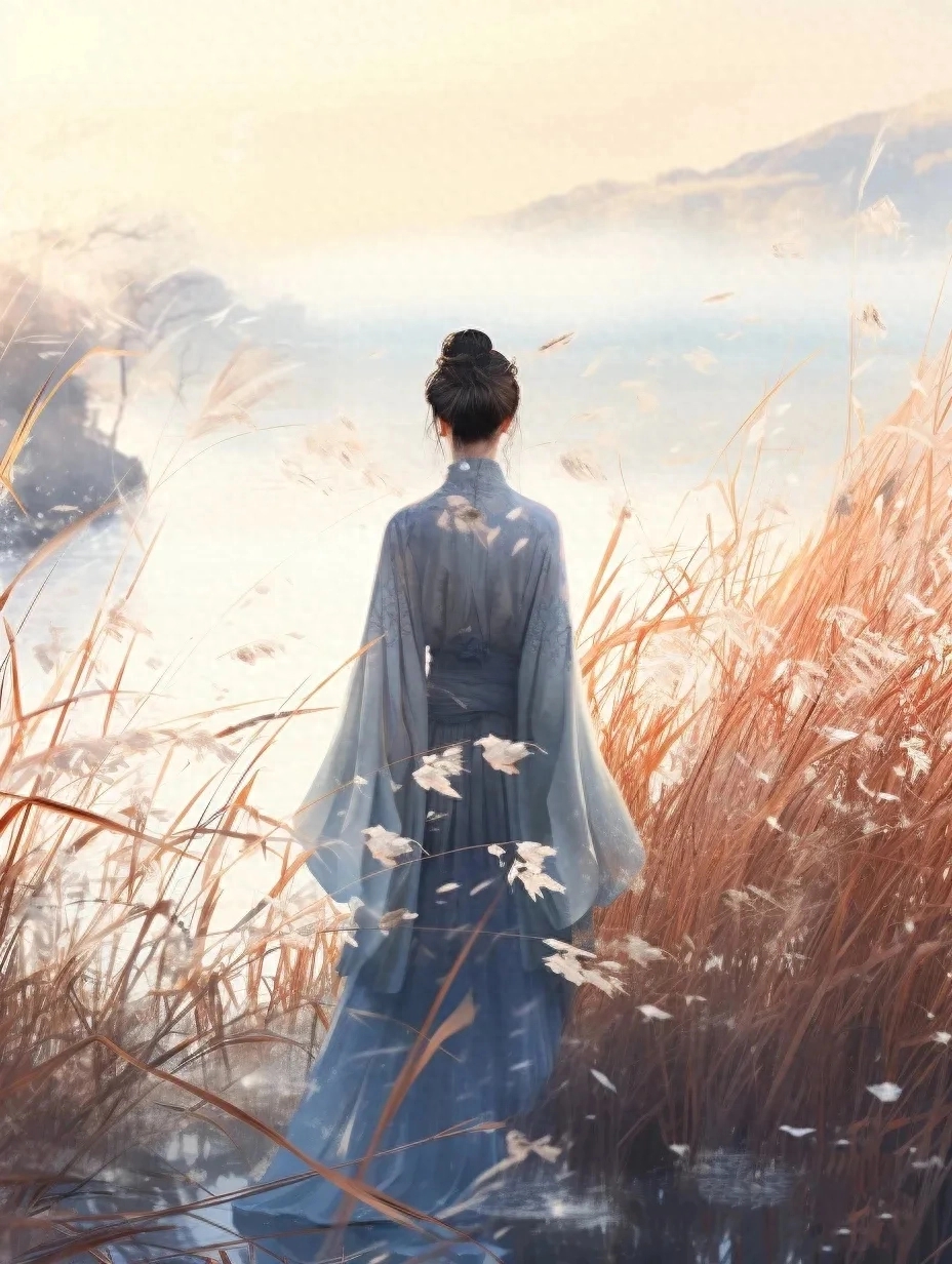 树木繁茂芬芳,然空唯美古风插画一字成伤长发及腰的背影图古风免费