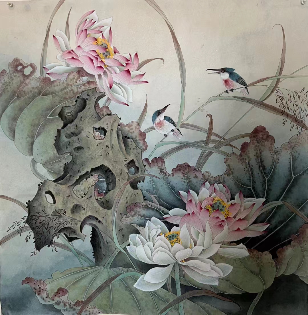 画家胡记领老师六尺斗方工笔荷花,尺寸90/90厘米