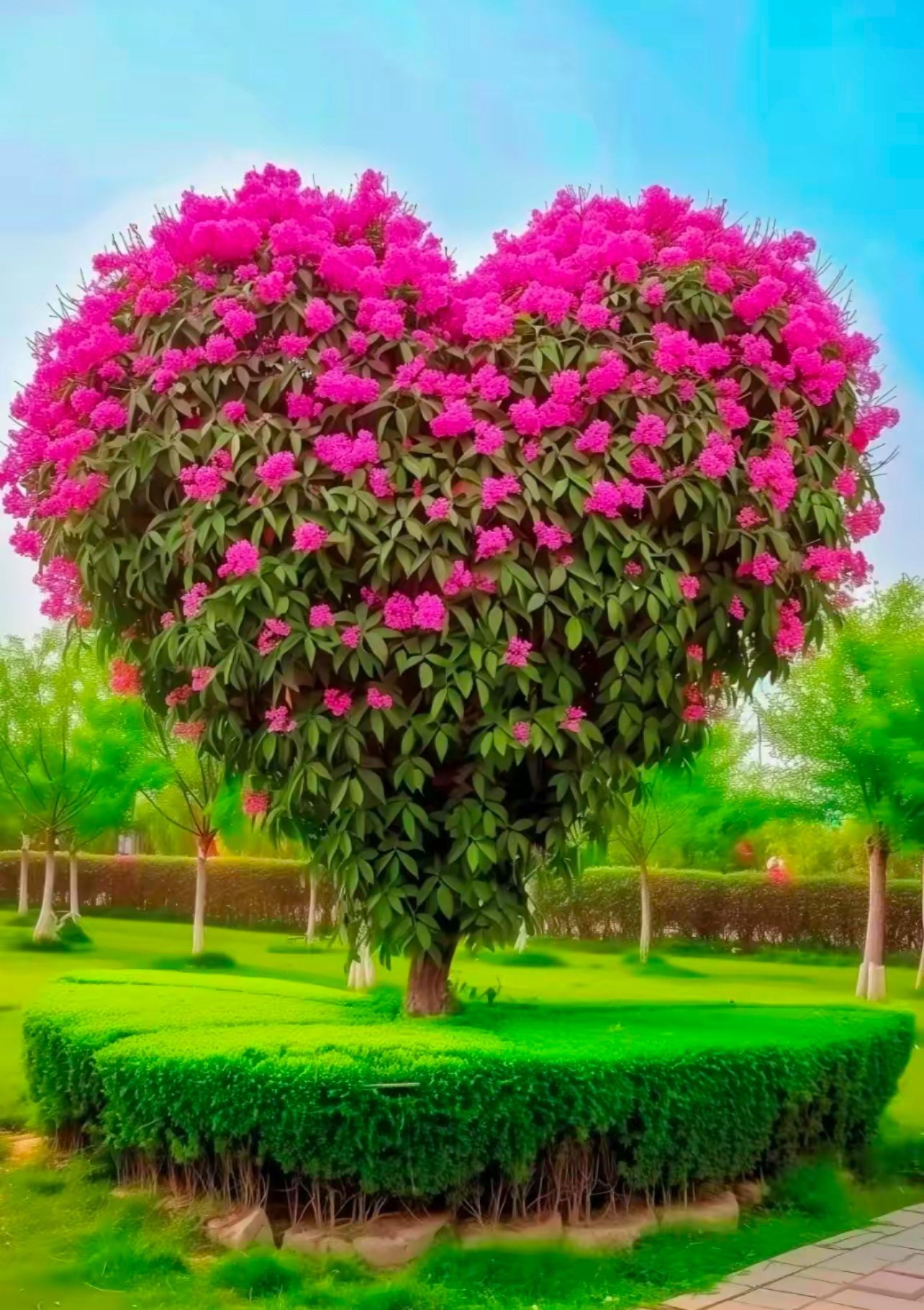 红粉花开满园林 心形花树映蓝天