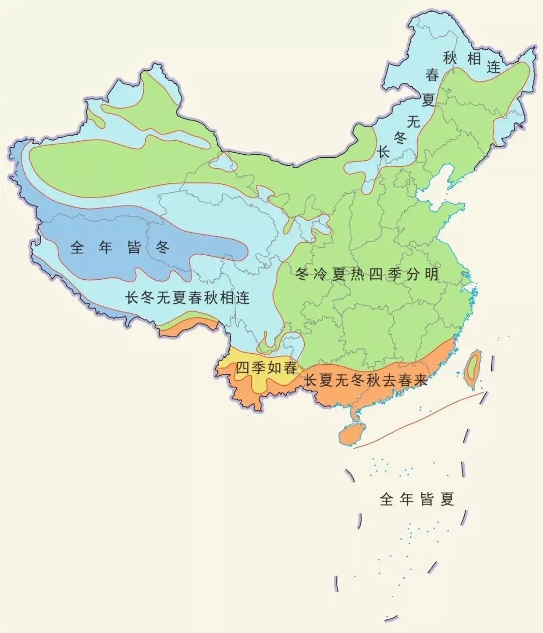 冬天南北差异,东西差异都比较明显,但夏天从南到北全是热浪