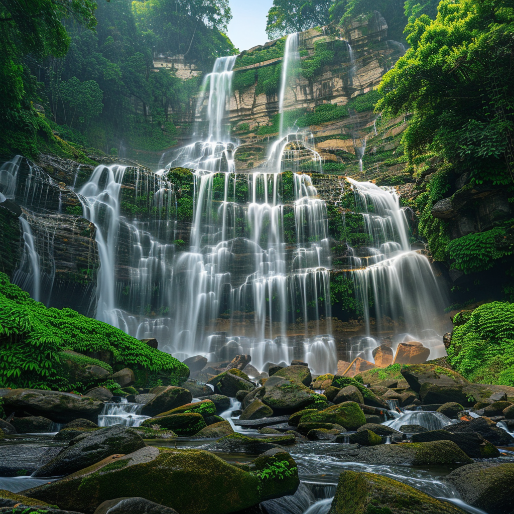 "三叠泉瀑布:大自然的魔幻魅力,跌宕流淌的壮美之景"