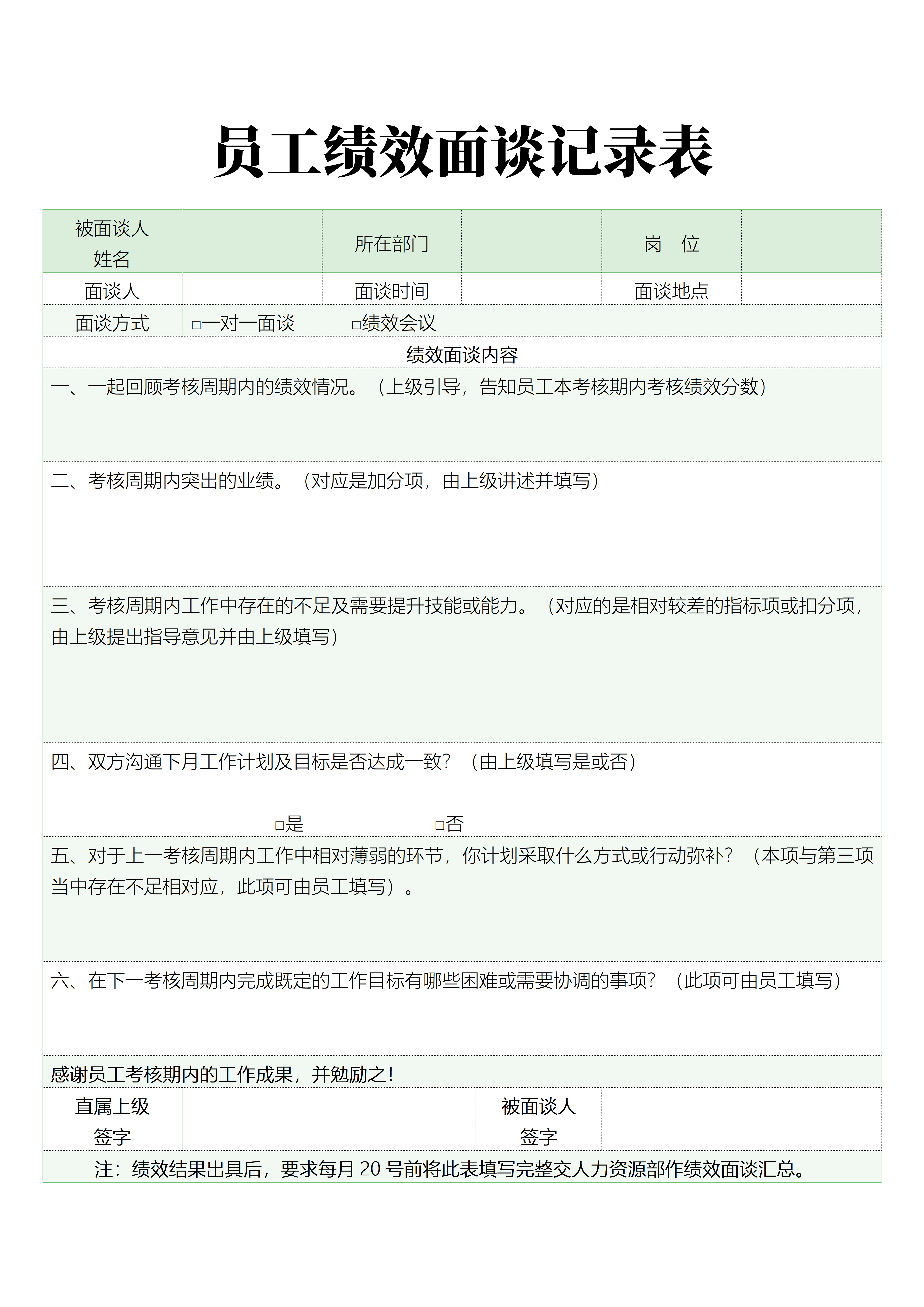 员工绩效面谈记录表