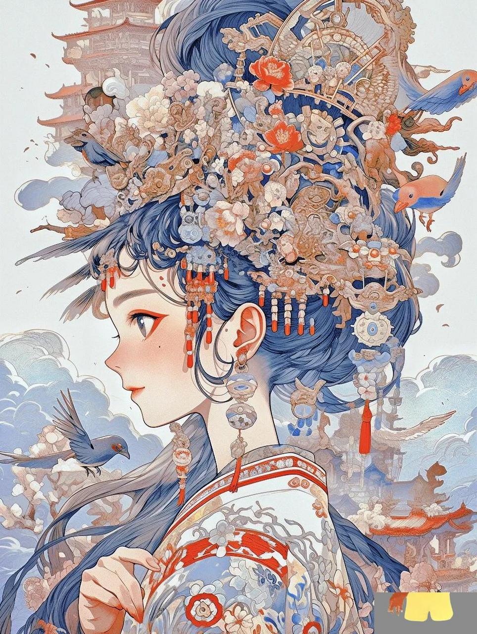 98新国风&国潮插画|汉服|古风壁纸 这次尝试了新的色彩风格,背景中