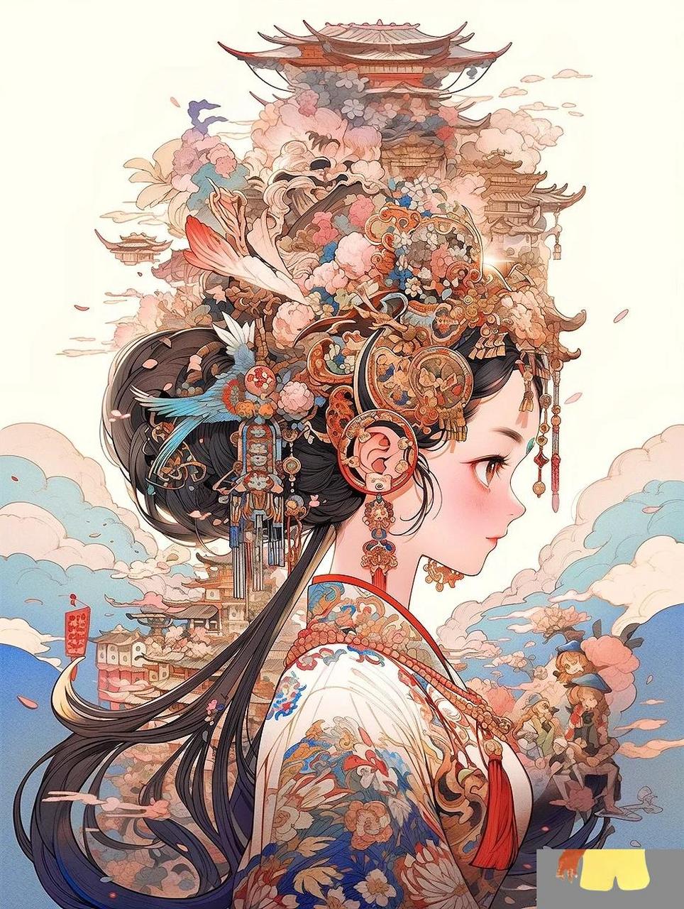 98新国风&国潮插画|汉服|古风壁纸 这次尝试了新的色彩风格,背景中
