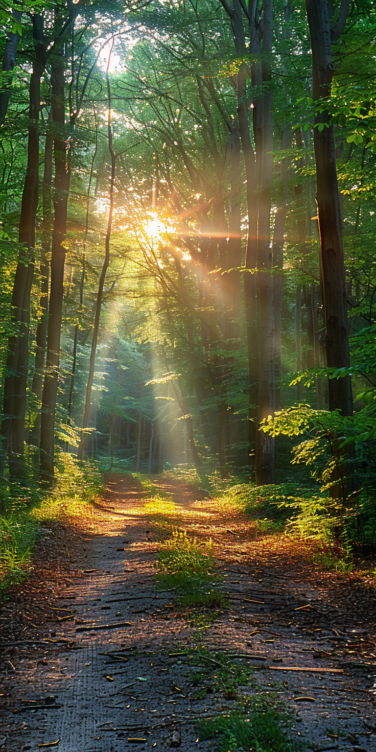 阳光透过树林, 温暖而宁静