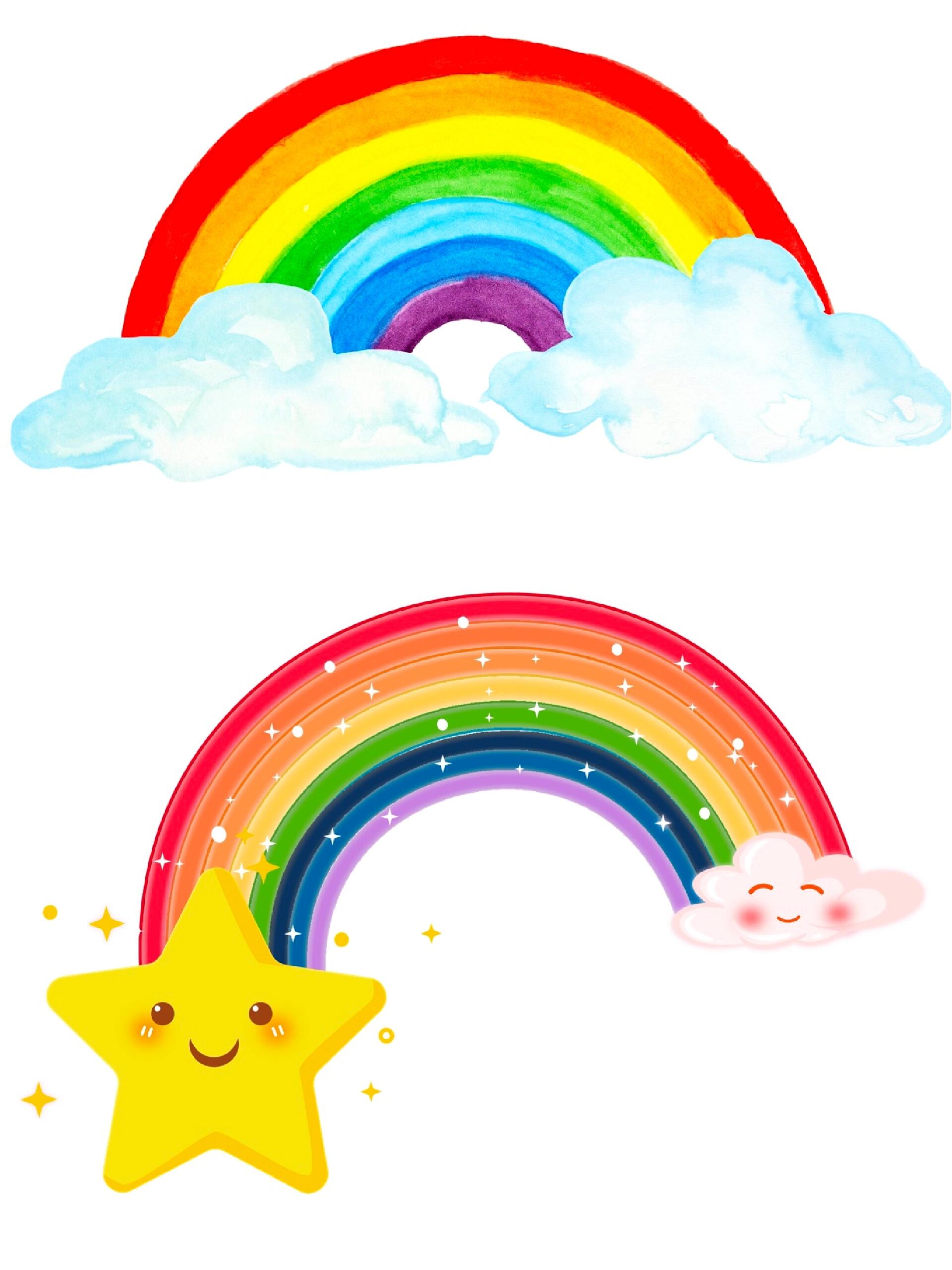 彩虹简笔画 :几根弧线画一画,赤橙黄绿青蓝紫七色缤纷,加上云朵