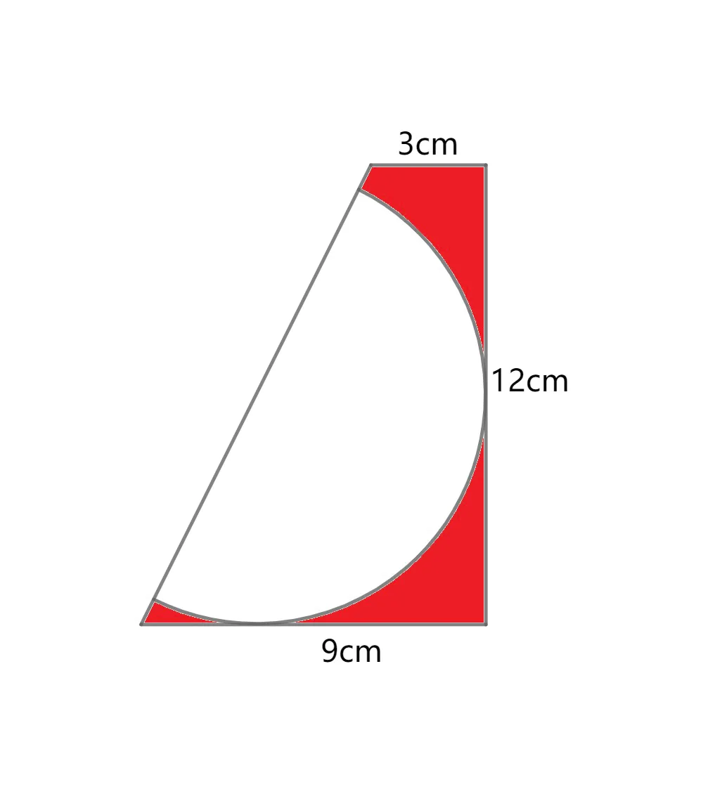 在直角梯形中有一个内切半圆,已知梯形的三条边长3cm,12cm,9cm,求红色