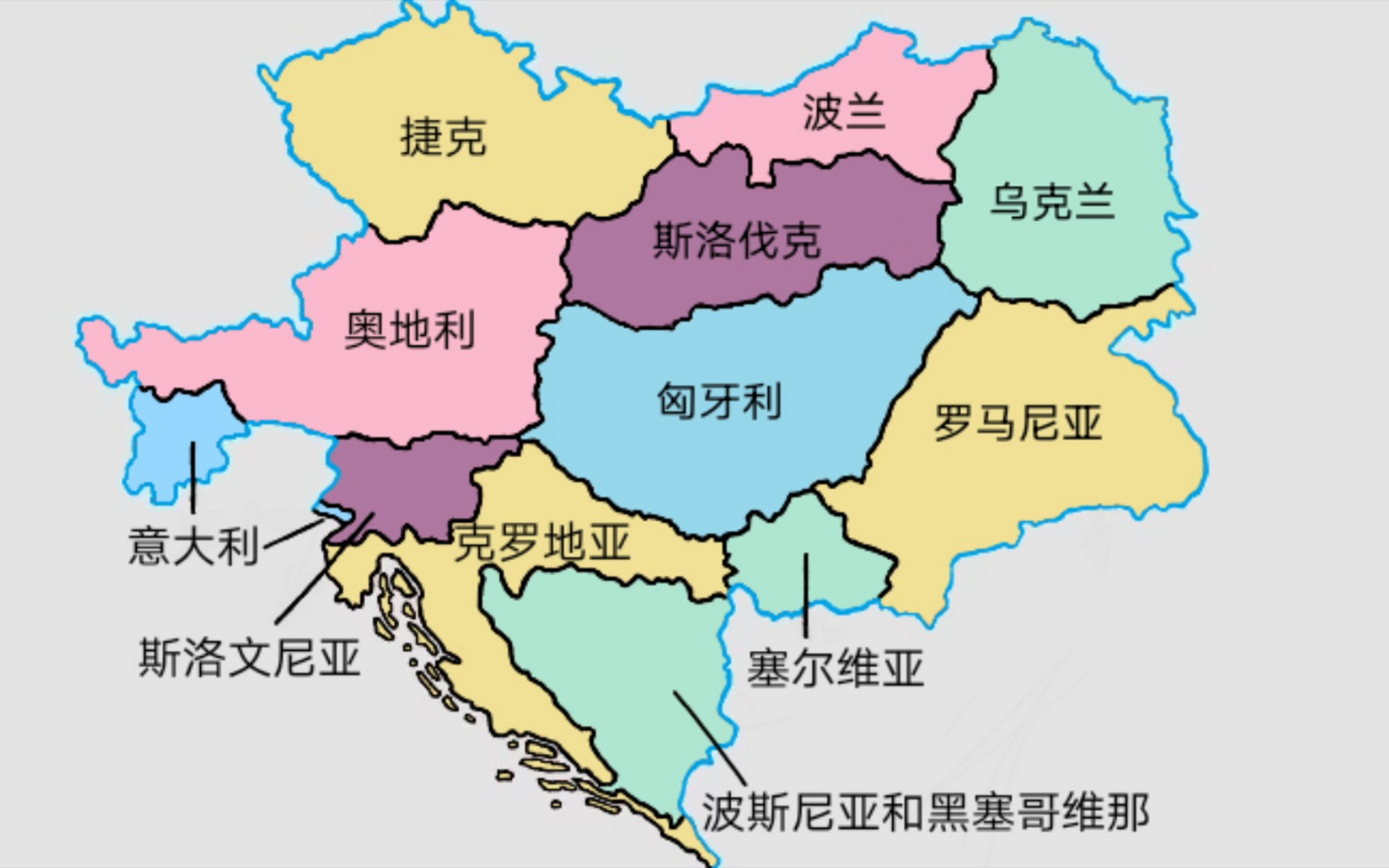 奥地利与匈牙利本来是一个国家,第一次世界大战后,奥匈帝·国战败后
