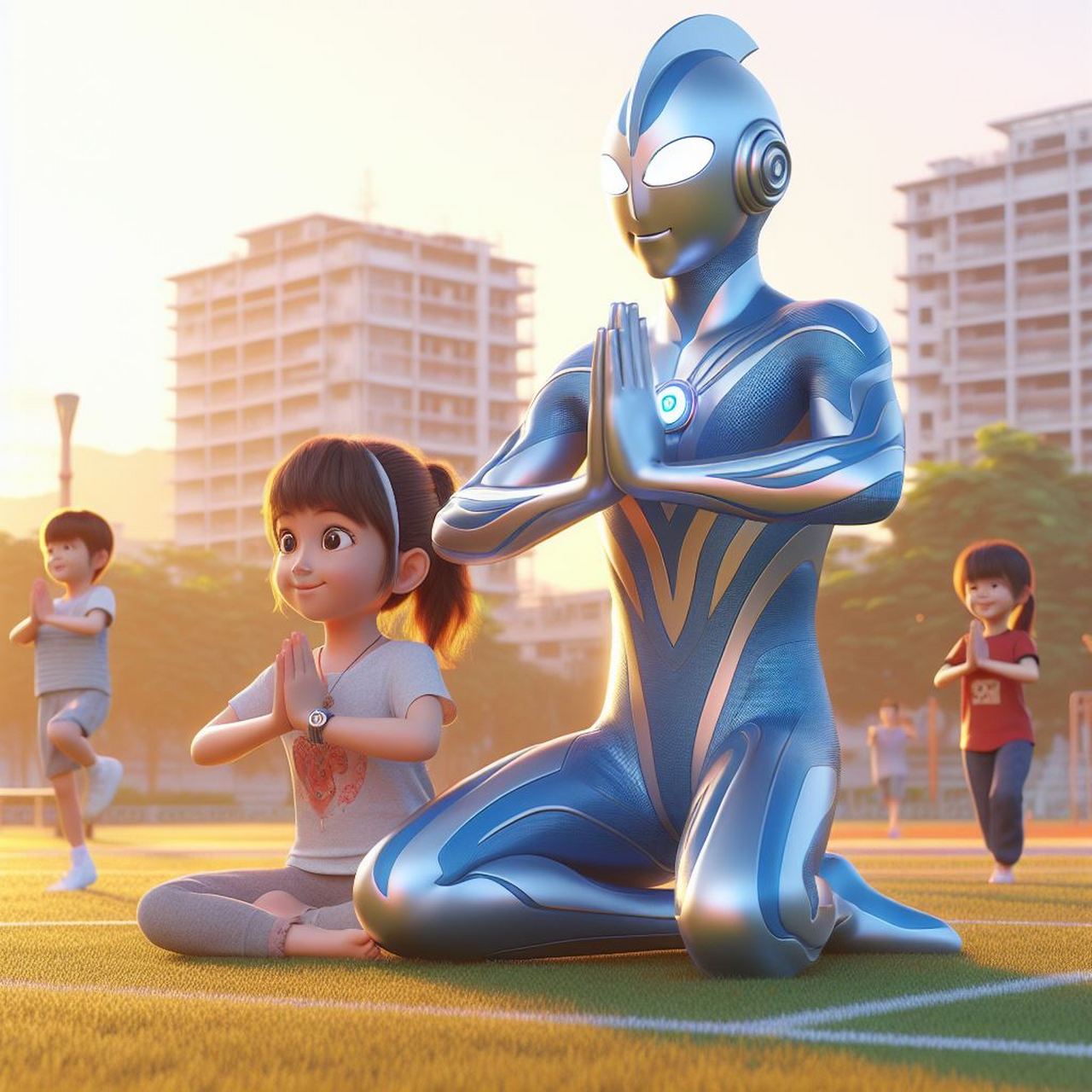 奥特曼和小朋跑步跑累了,和小朋友一起打座修炼#奥特曼# #创意# #二