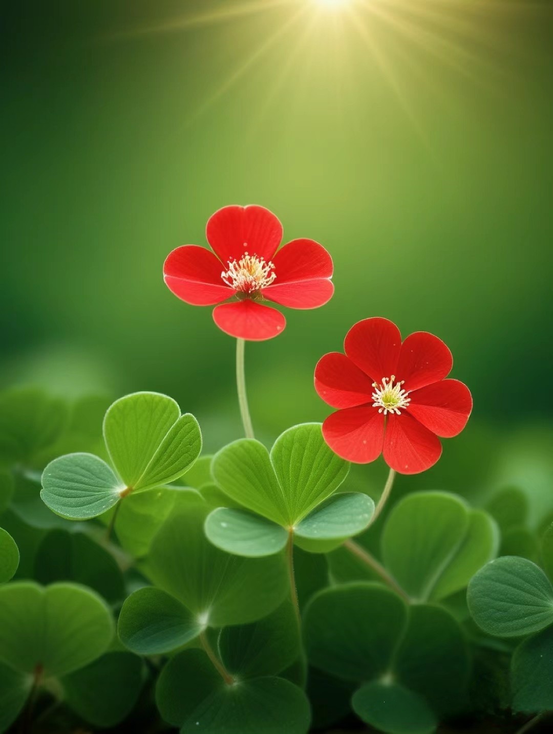 四叶 草中一点红:寓意鸿运高照, 好运连连,愿友友们幸福好运,吉祥如意